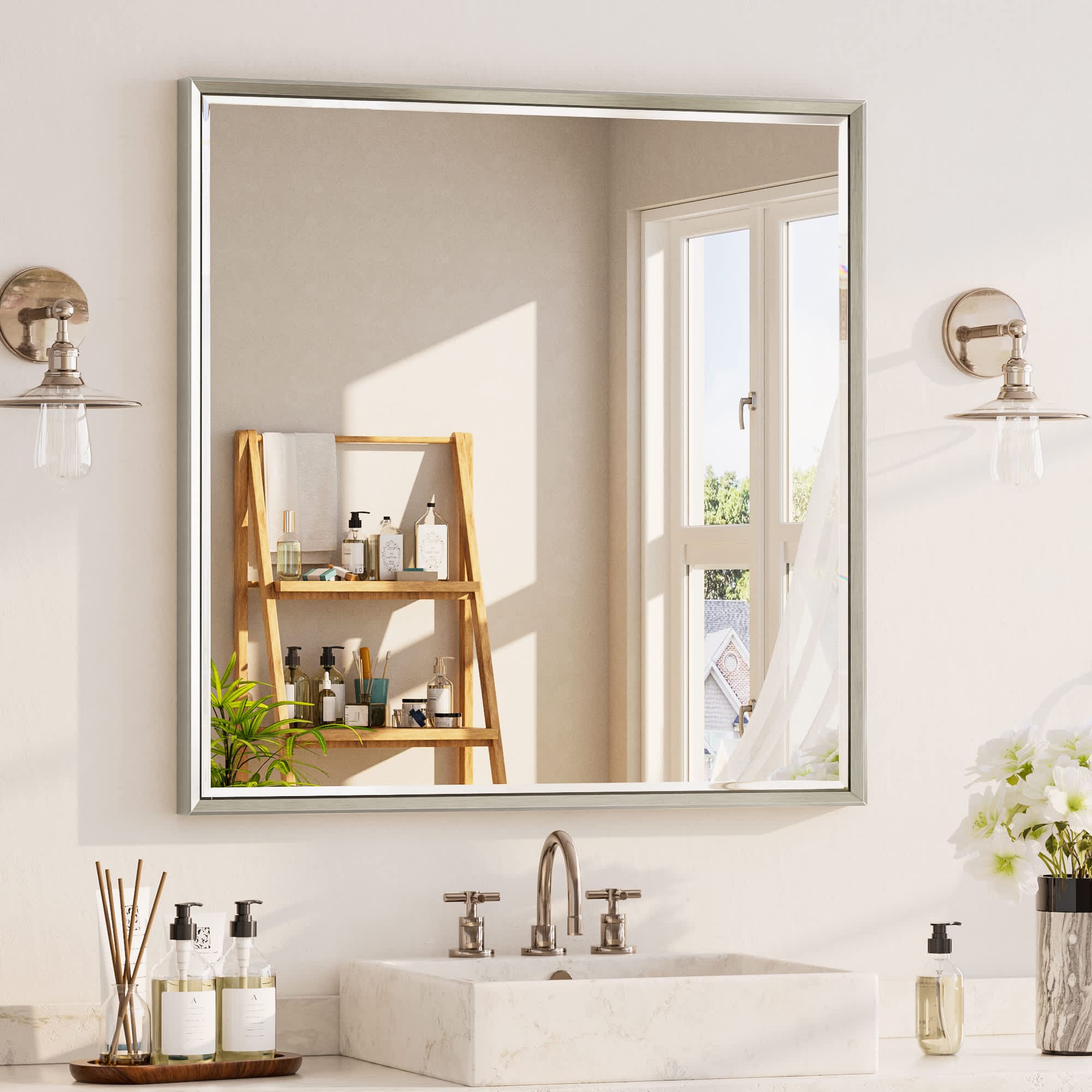Aok Garden 36 in x 36 in Framed Rectangular Brushed Nickel Wall Mounted Double Beveled Frame Vanity Mirror