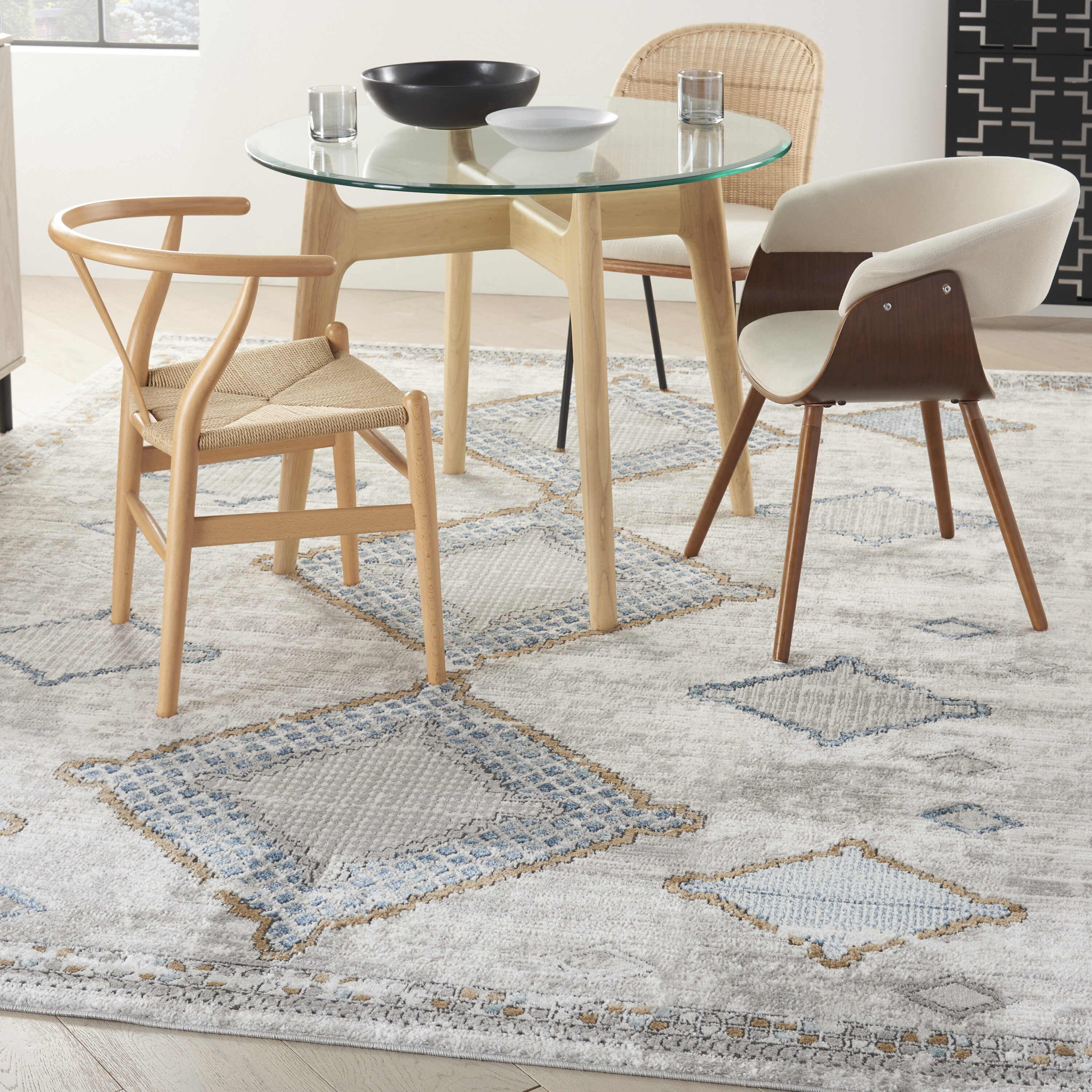Nourison 099446825780 Concerto 7 x 10 (ft) Loomed Polypropylene Ivory/Grey/Blue Rectangular Indoor Border Area rug