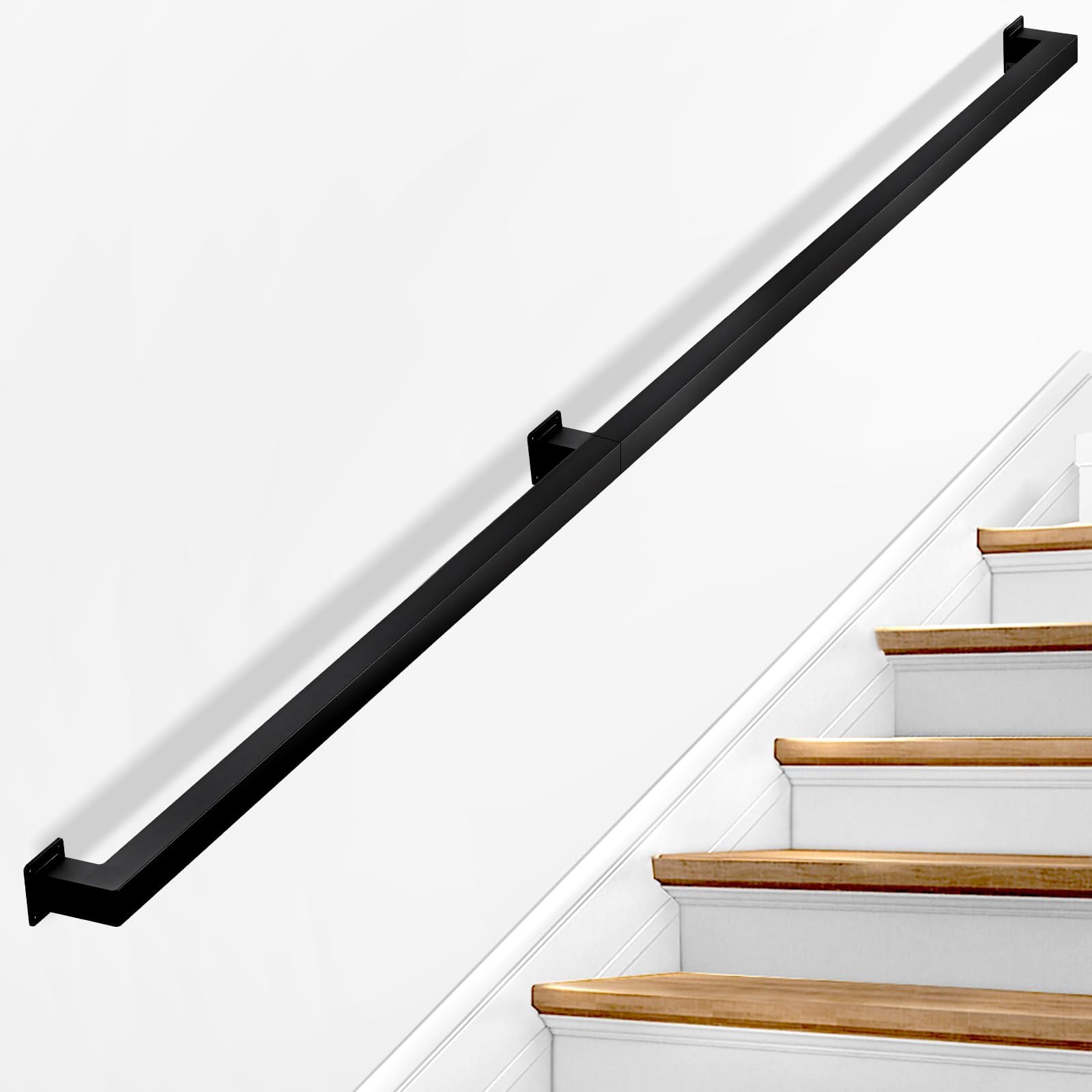 Aoibox  1 Piece 6 ft Black Metal Stair Railing Indoor Outdoor Modern Wrought Iron Handrail Wall Mounted for Stairs Loft Porch Deck