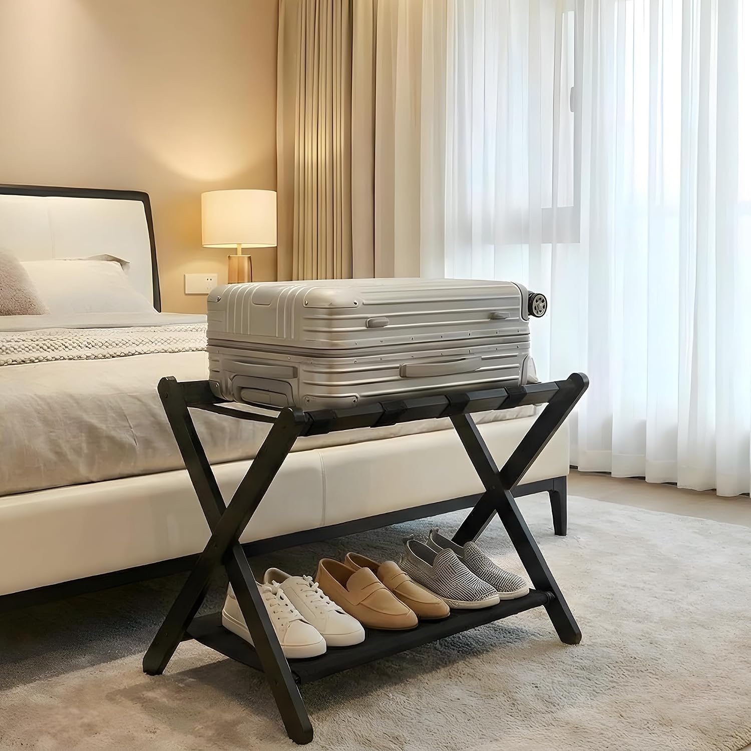 Garvee Folding Luggage Rack with Storage Shelf Bamboo Suitcase Stand with Nylon Straps 2-Tier Luggage Holder for Guest Room Bedroom Hotel Holds Up to 110 Lbs