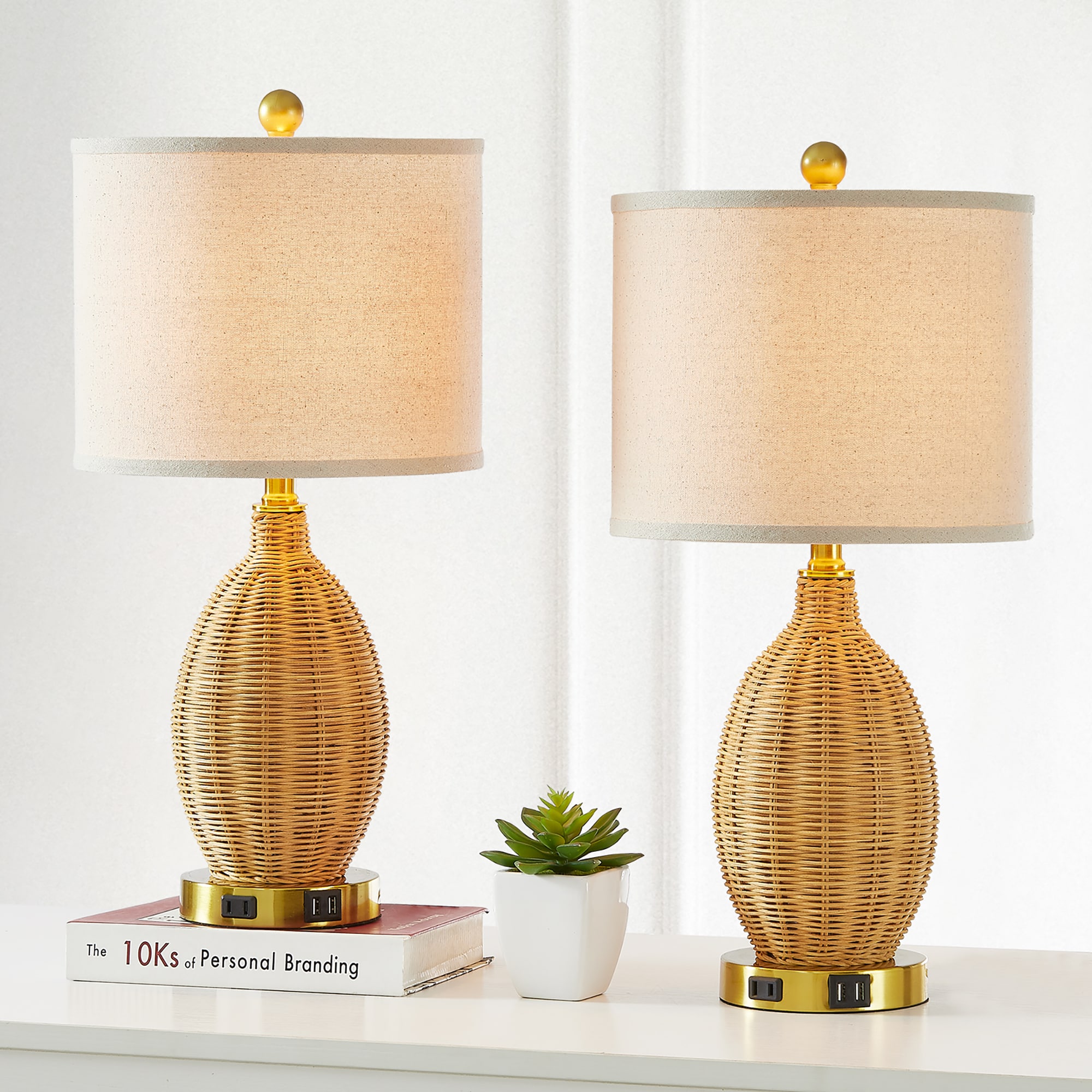 UrFurnishings TD-74 rattan table lamp 22.8-in Gold LED Touch Table Lamp with Linen Shade 2 -Set