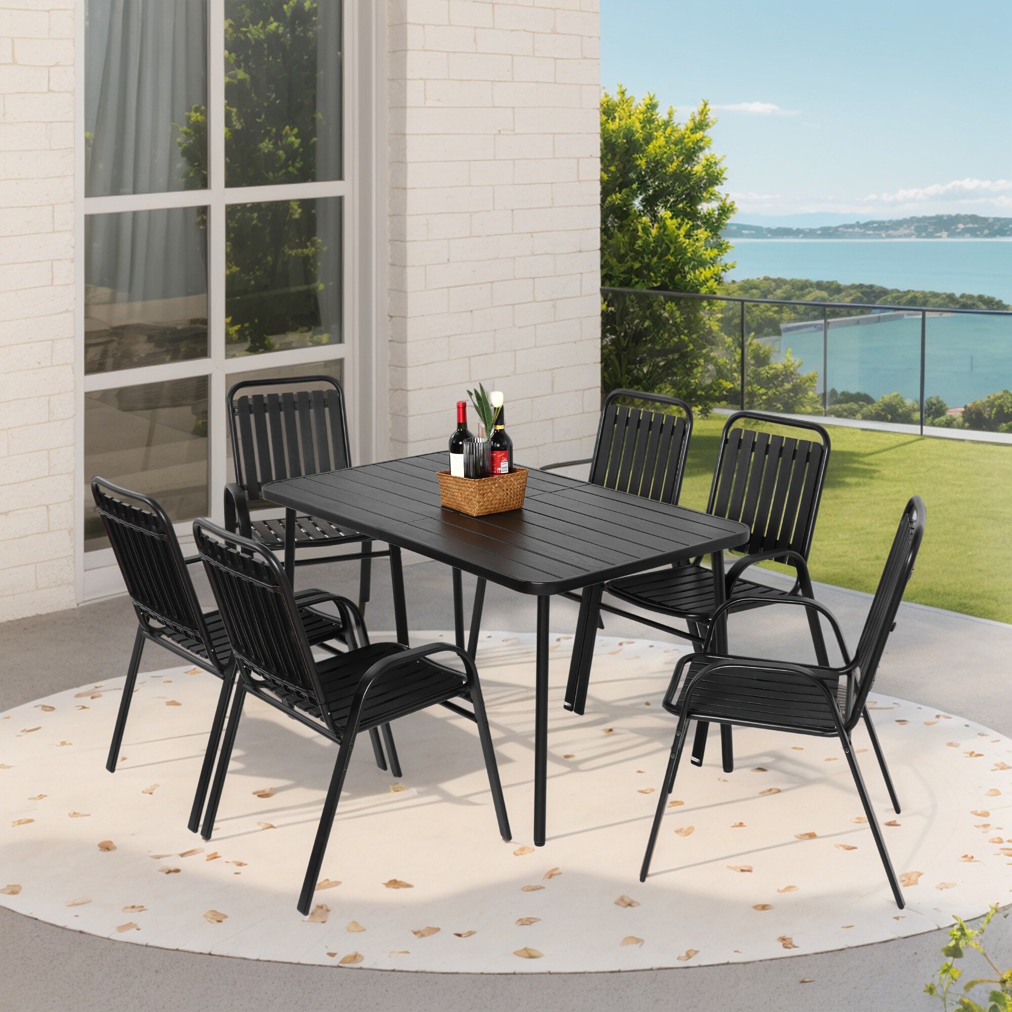 LOVMOR SF-Y-W640S00049 7 Pieces Patio Dining Set Plastic Chair and Steel Table Outdoor Set Plastic Chairs and Table Set for Garden Patio Black