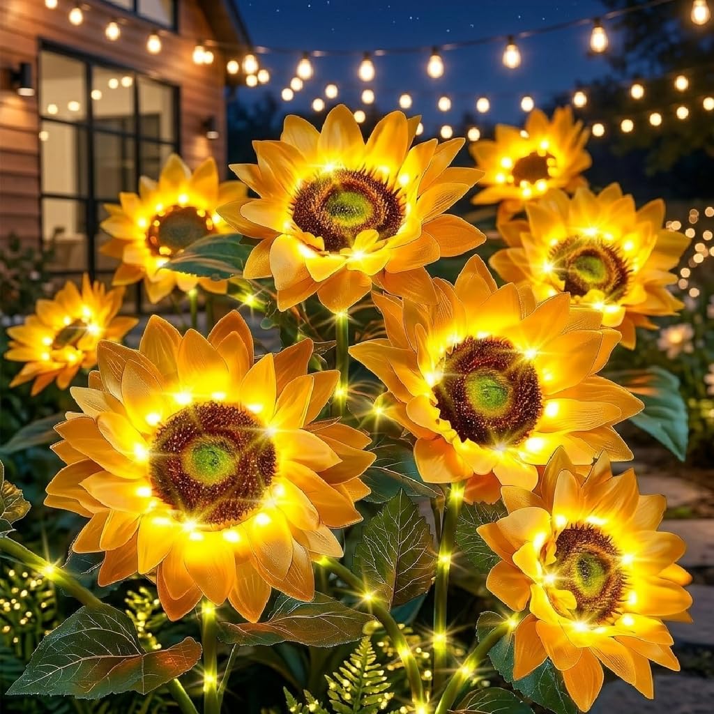 Phewnyzo Solar Path Lights 3 Pack Artificial Sunflower LED Garden ...