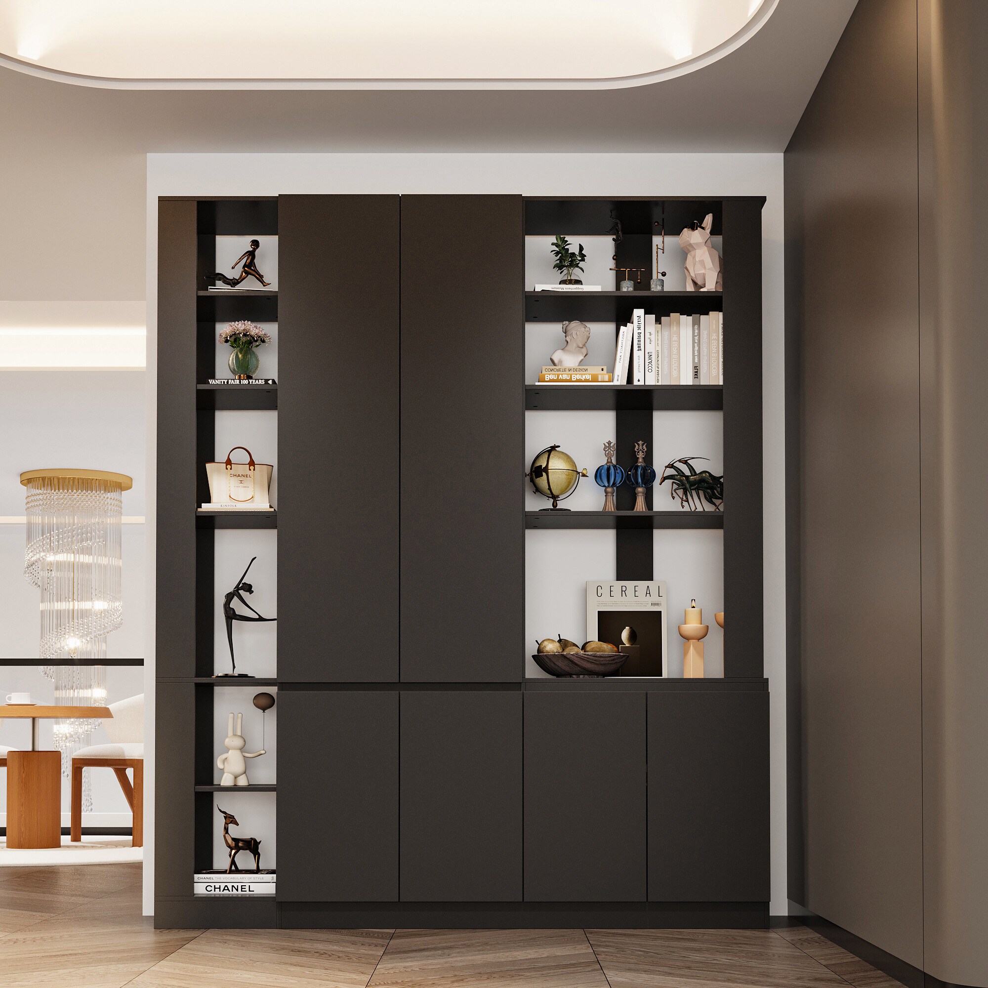 FUFU&GAGA KF260140-01 Black MDF 5 -Shelf Bookcase with Doors ( 59.1-in W x 70.9-in H x 11.6-in D ) Finished
