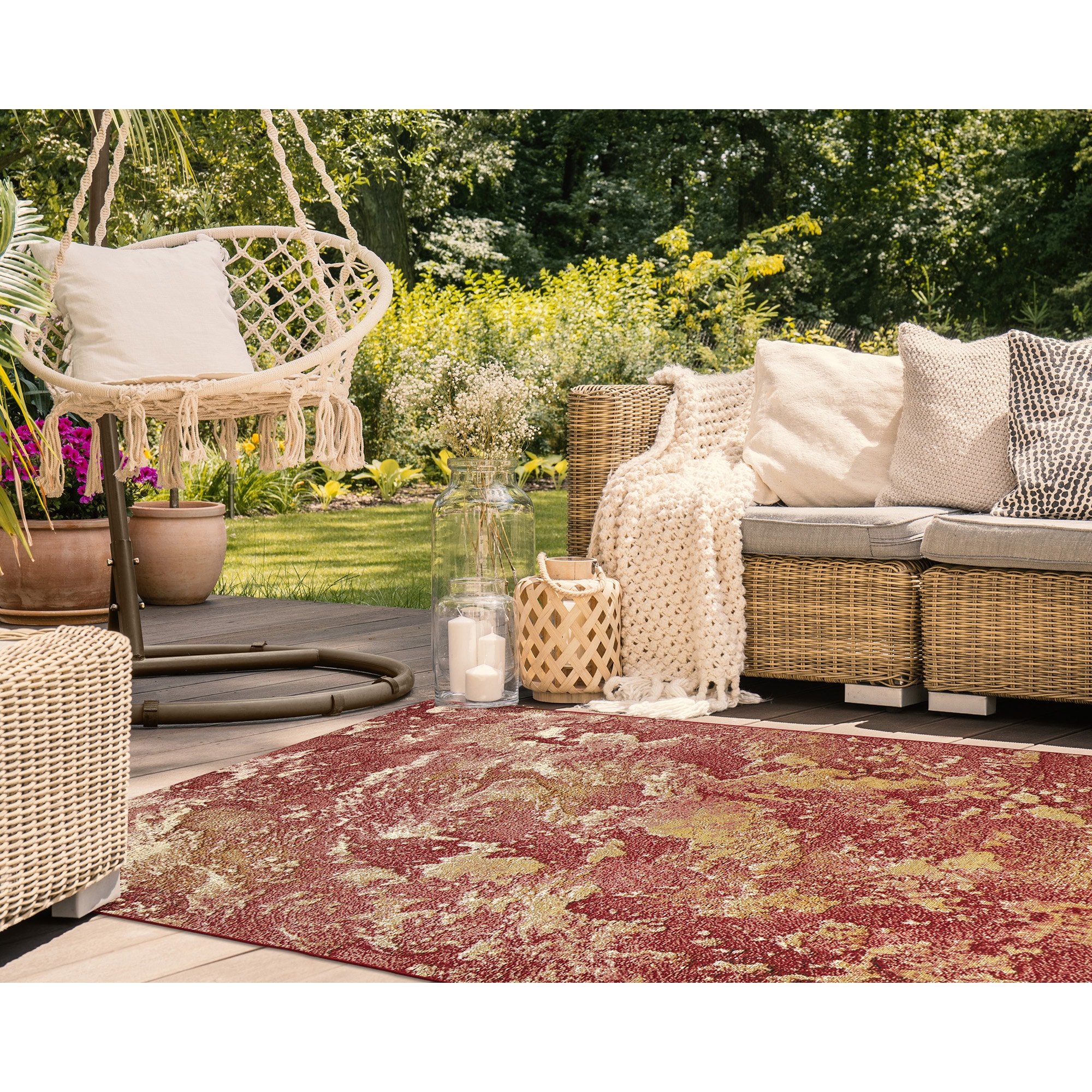 Crimson Flow Abstract 5' x 7' Red & Gold Synthetic Area Rug