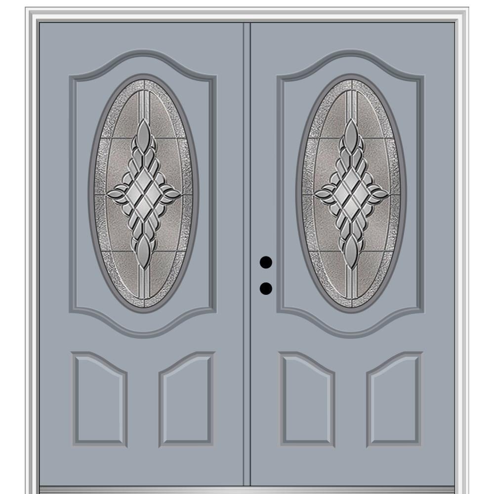 MMI DOOR ZZ365926R 72-in x 80-in x 4-9/16-in Fiberglass Oval lite Right-hand inswing Storm Cloud Painted Prehung Double Front Door with Brickmould Insulating core