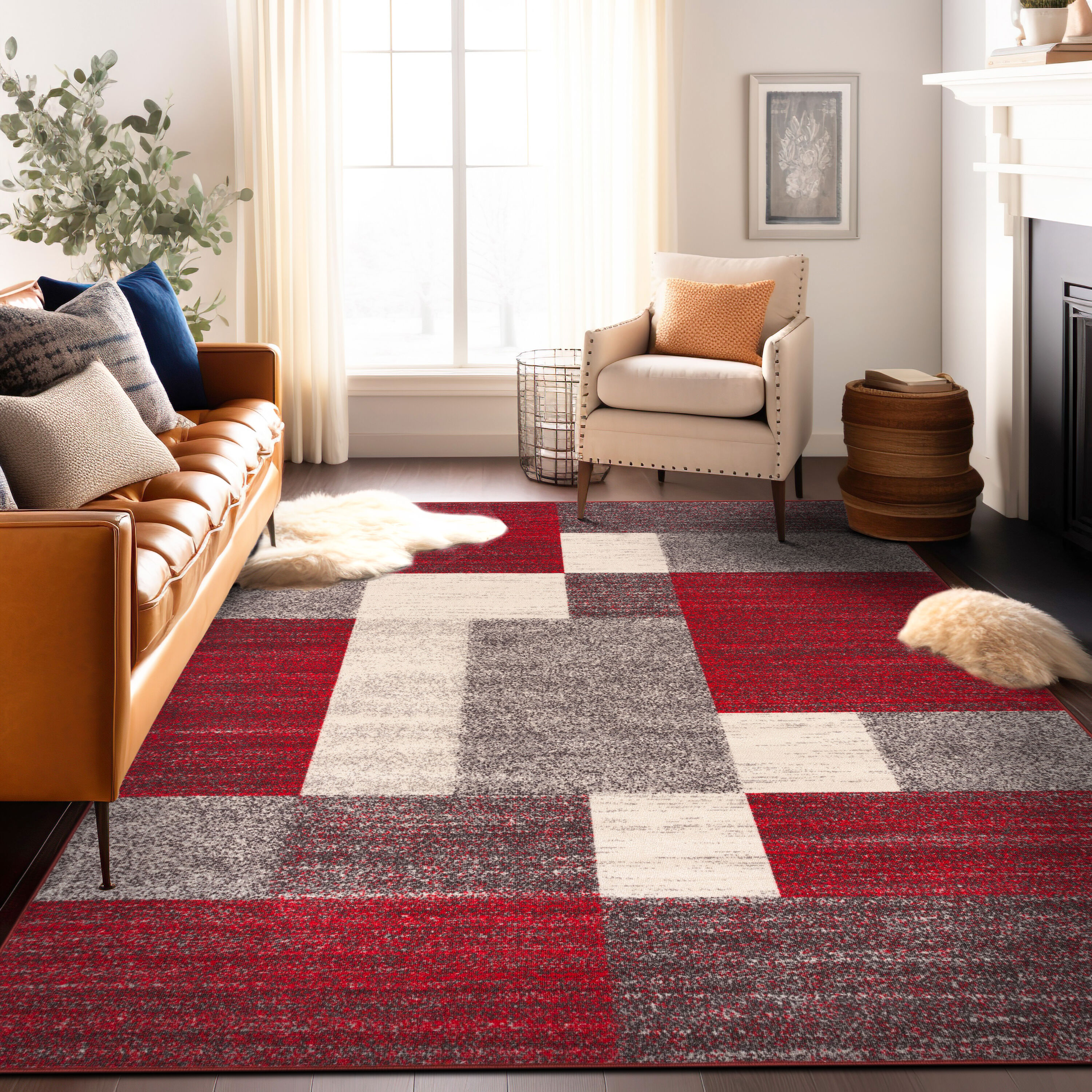 World Rug Gallery 506RED5X7 City 5 x 7 (ft) Loomed Nylon Red Rectangular Indoor Geometric Mid-Century Modern Area rug