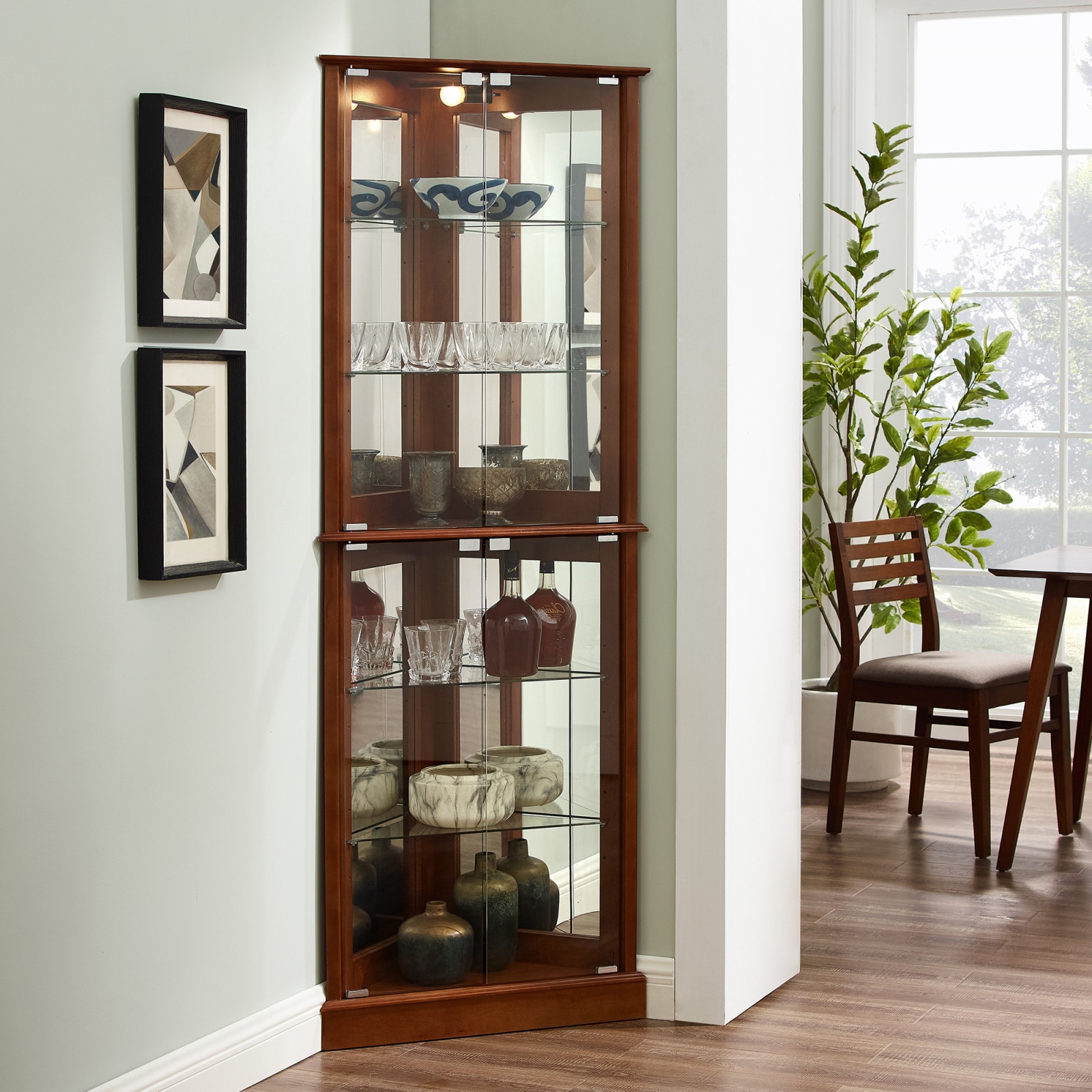 CHITA Traditional Wood and Tempered Glass Curio Cabinet with Adjustable Shelves Light Bulb Not Included Mirror Glass Doors Corner Design Walnut