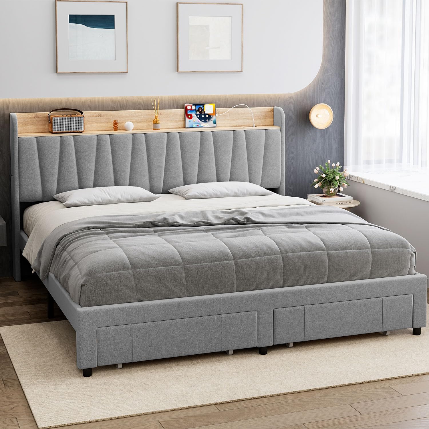 Qeetex LHF-BED-PHO-158DPQ7B Upholstered Bed Frame with Storage Headboard and Charging Station Platform Bed Frame with Drawers Heavy Duty No Box Spring Needed Easy Assembly Grey King Size