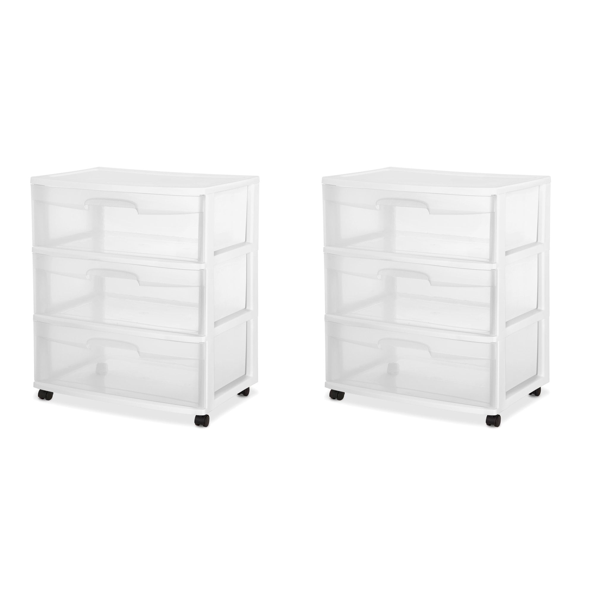 White Frame with Clear Drawers and Black Casters STERILITE 29308001 Wide 3 Drawer Cart 