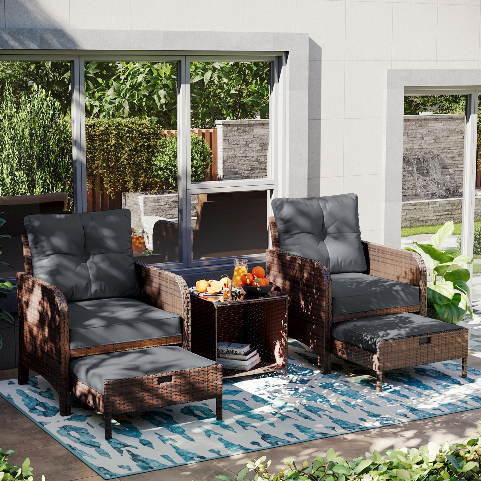 Patio Watcher RT-X5-B3-2 5 -Piece Rattan Patio Conversation Set with Gray Cushions