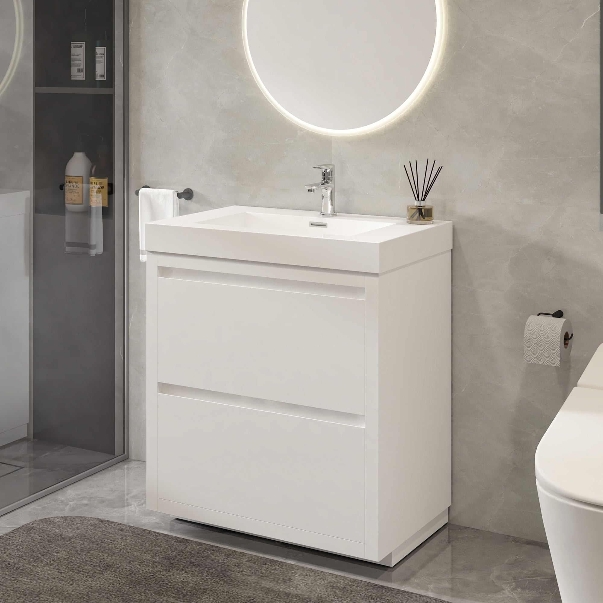 24-Inch Glossy White Single Sink Bathroom Vanity with Resin Top