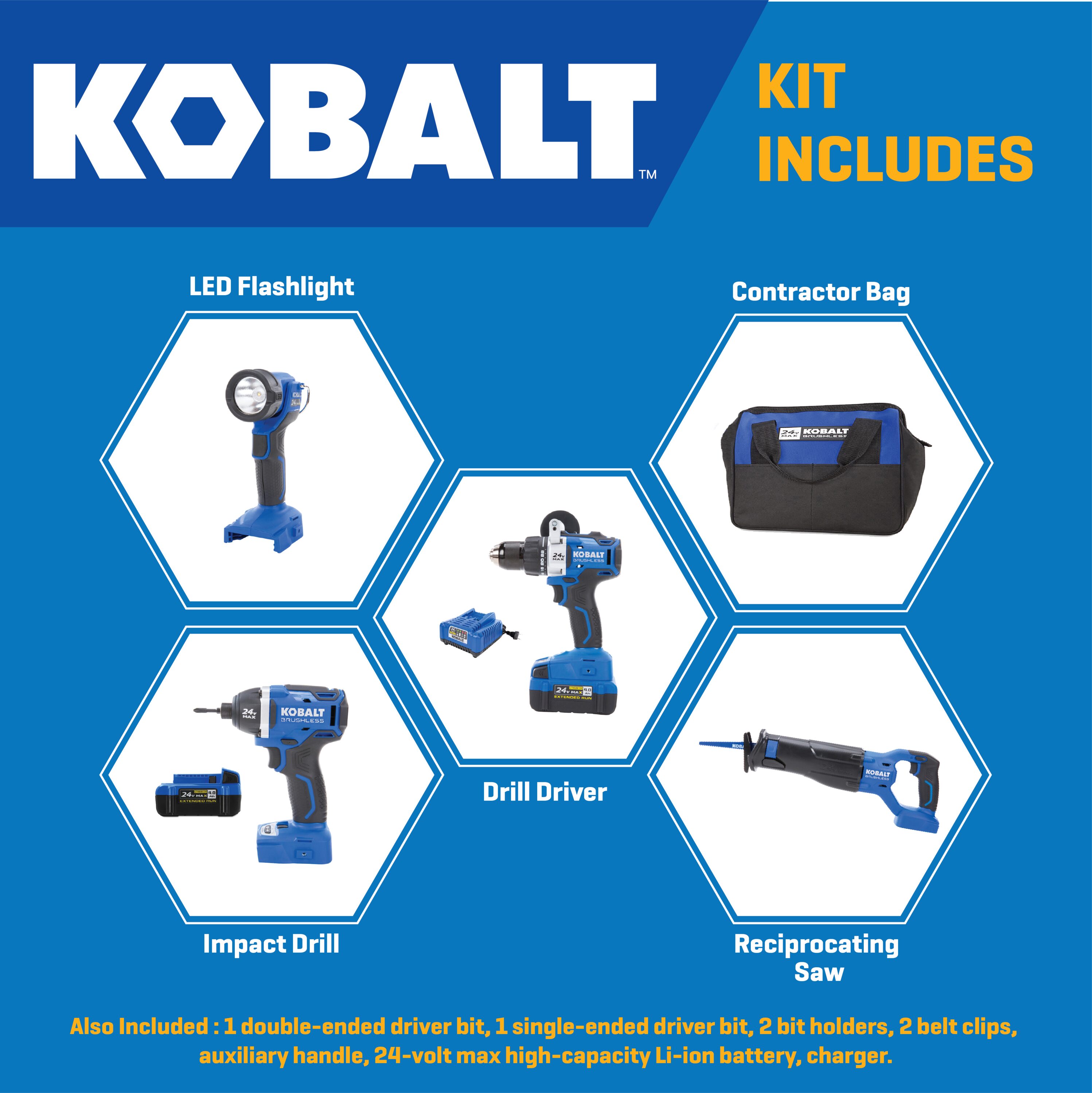 Kobalt 24 volt 4 Tool Brushless Power Tool Combo Kit with Soft Case 1 Battery Included and Charger Included KLC 4024A 03 at Lowes