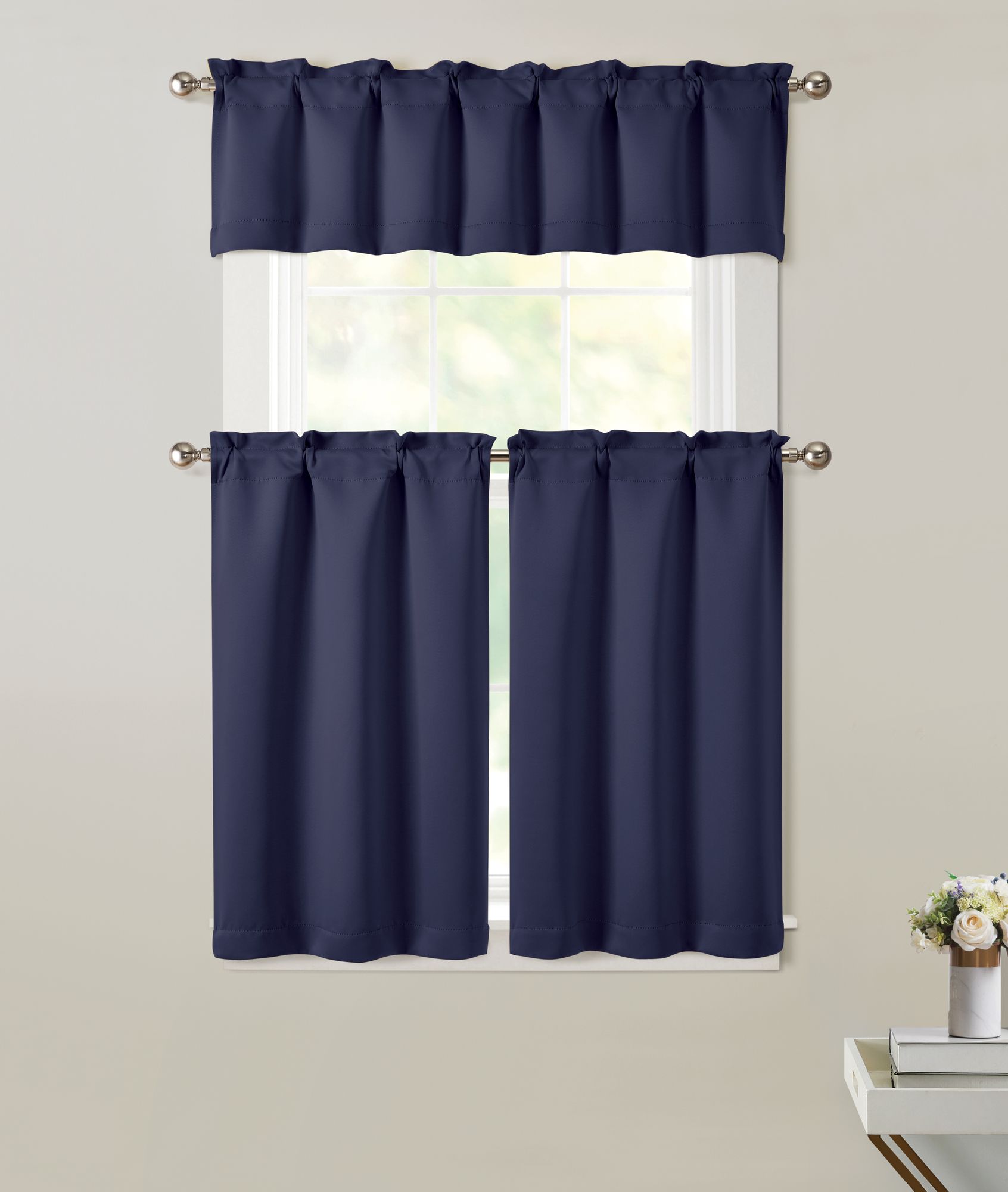 KATE AURORA - 3 Piece Room Darkening Rod Pocket Cafe Kitchen Curtain Tier and Valance Set Navy