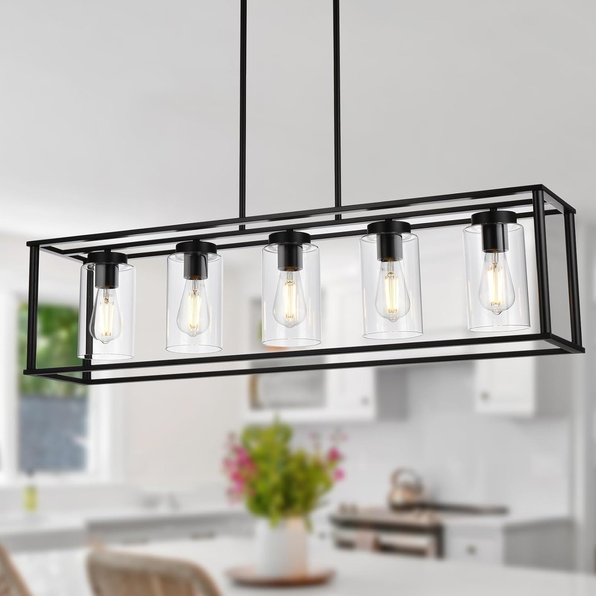 Jokupey  Black Rectangle 5 Light Linear Pendant Chandelier with Clear Glass Shade Adjustable Rods for Kitchen Dining Room