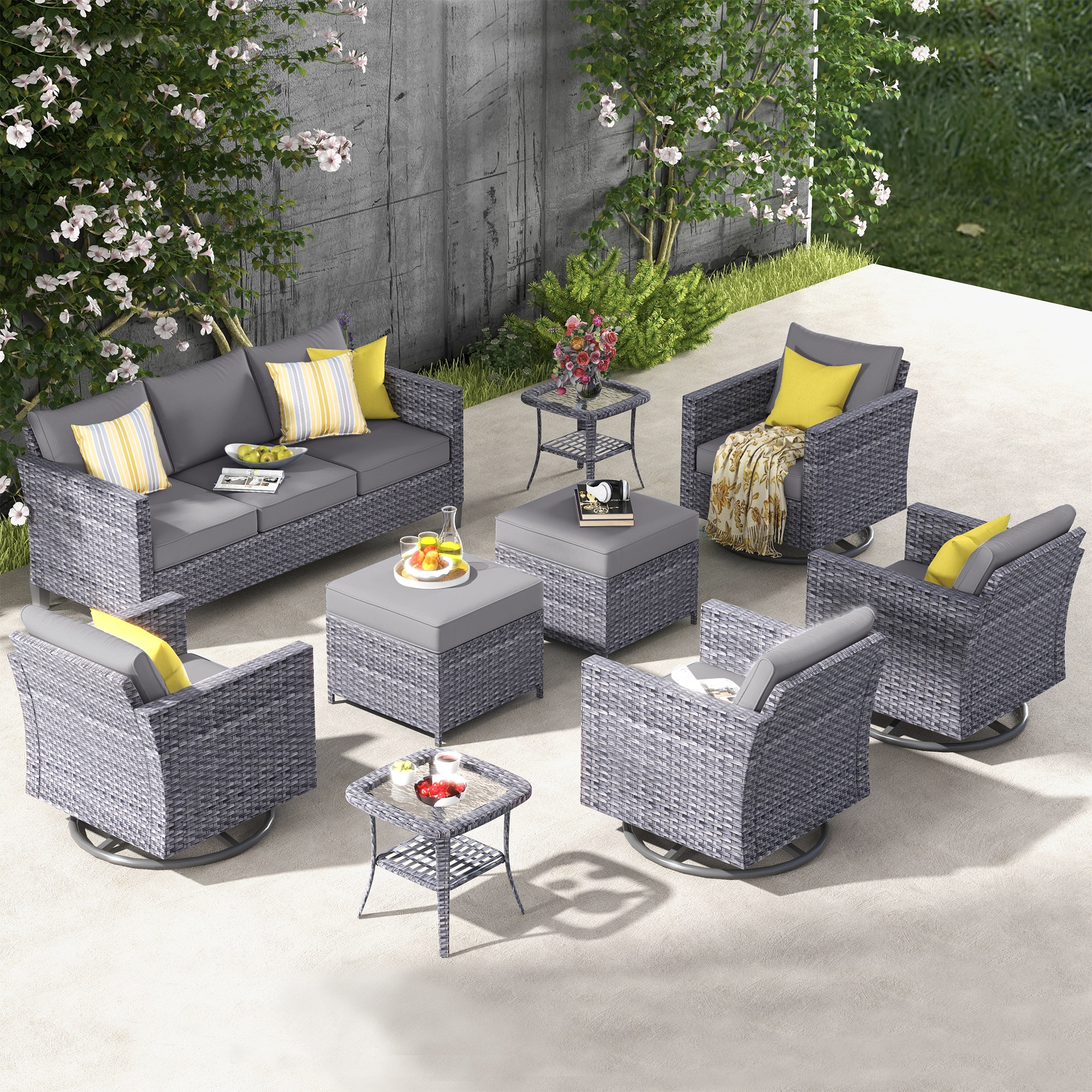 XIZZI XSQRC2195 Lullaby 9 -Piece Rattan Patio Sofa Conversation Set with Gray Cushions