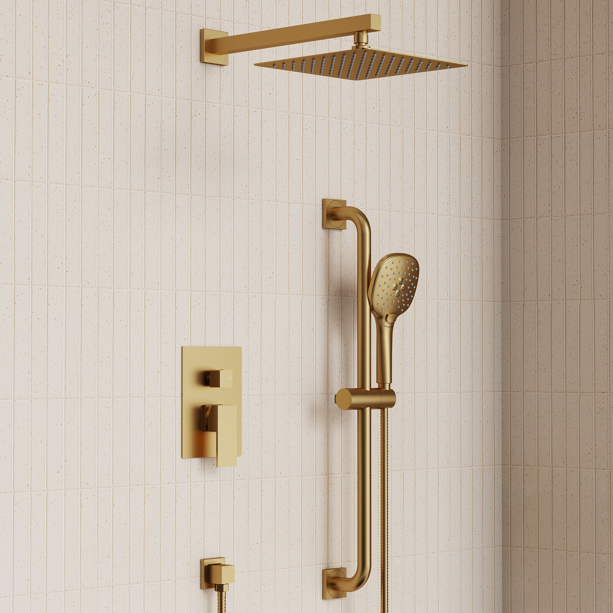 EVERSTEIN  Brushed Gold 10-Inch Square Rain Shower Faucets with Adjustable Slide Bar 3 Function Handheld Shower and Pressure Balanced Valve