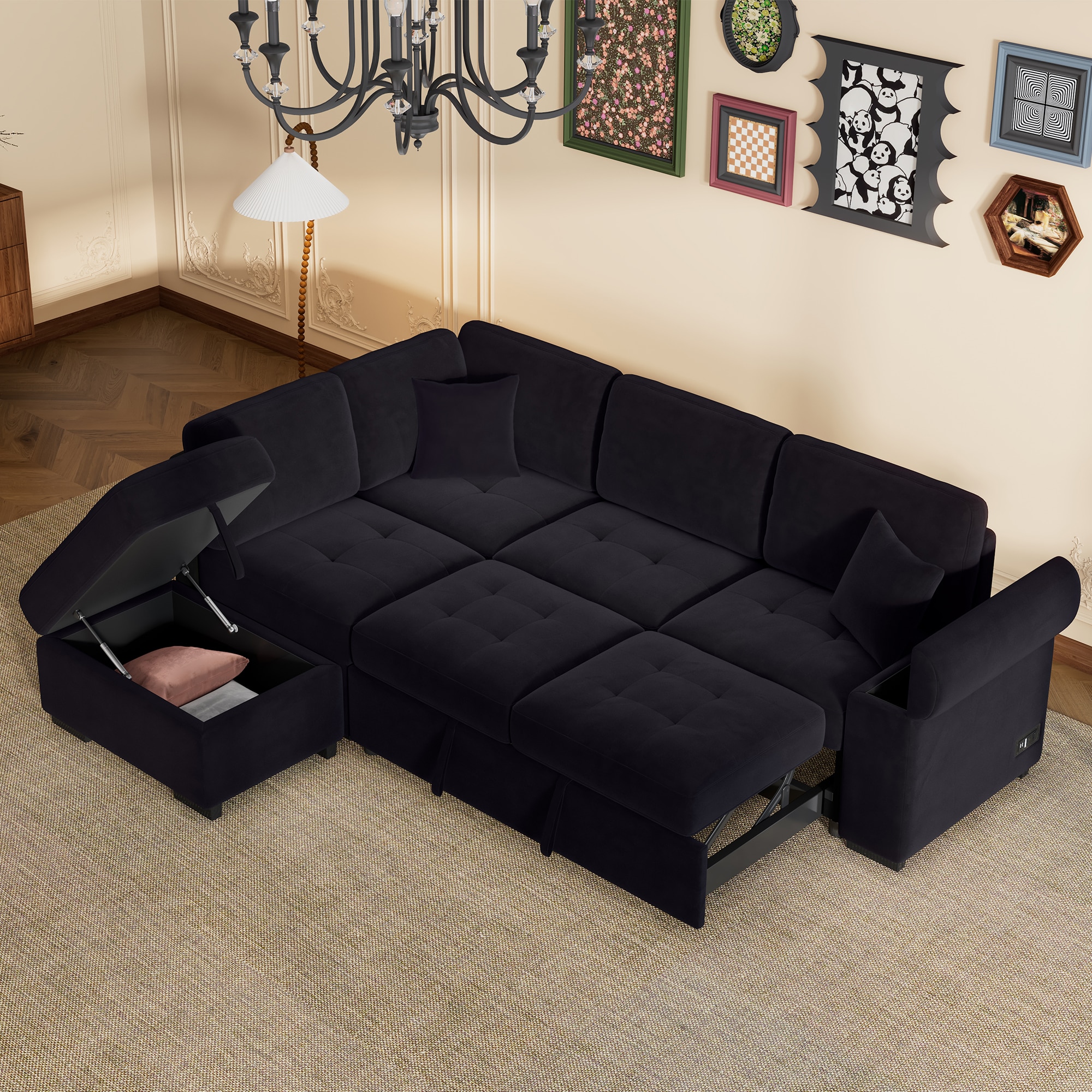Nestfair S100250B Black Contemporary/Modern Velvet Full Sofa bed
