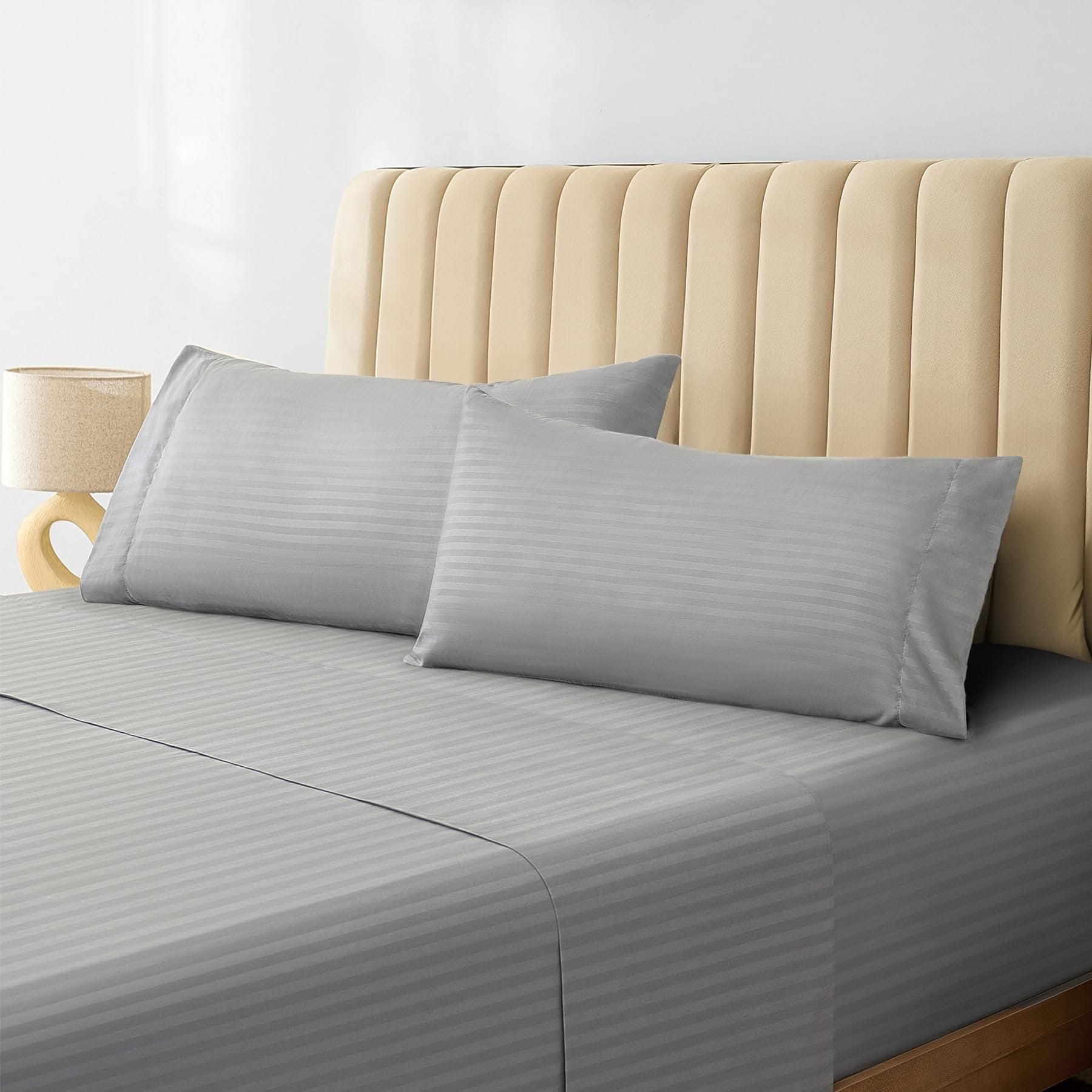 LuxClub  4 PC Striped Silky Soft Cooling Deep Pocket Sheet Set; Hotel Luxury Bedding Breathable Wrinkle and Fade Resistant - Twin XL; Light Gray