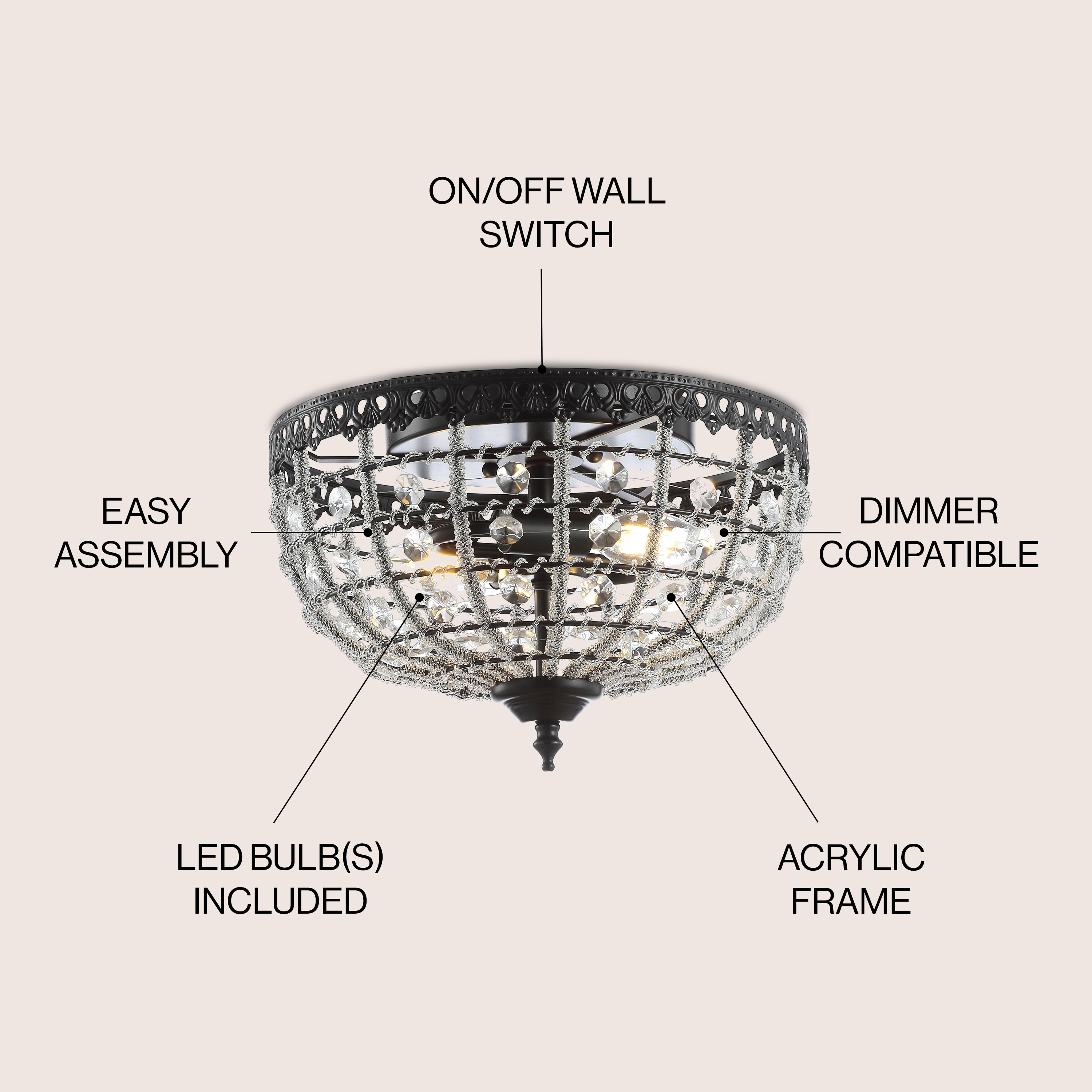 Anita 12.25" Black Metal & Clear Crystal LED Flush Mount Light