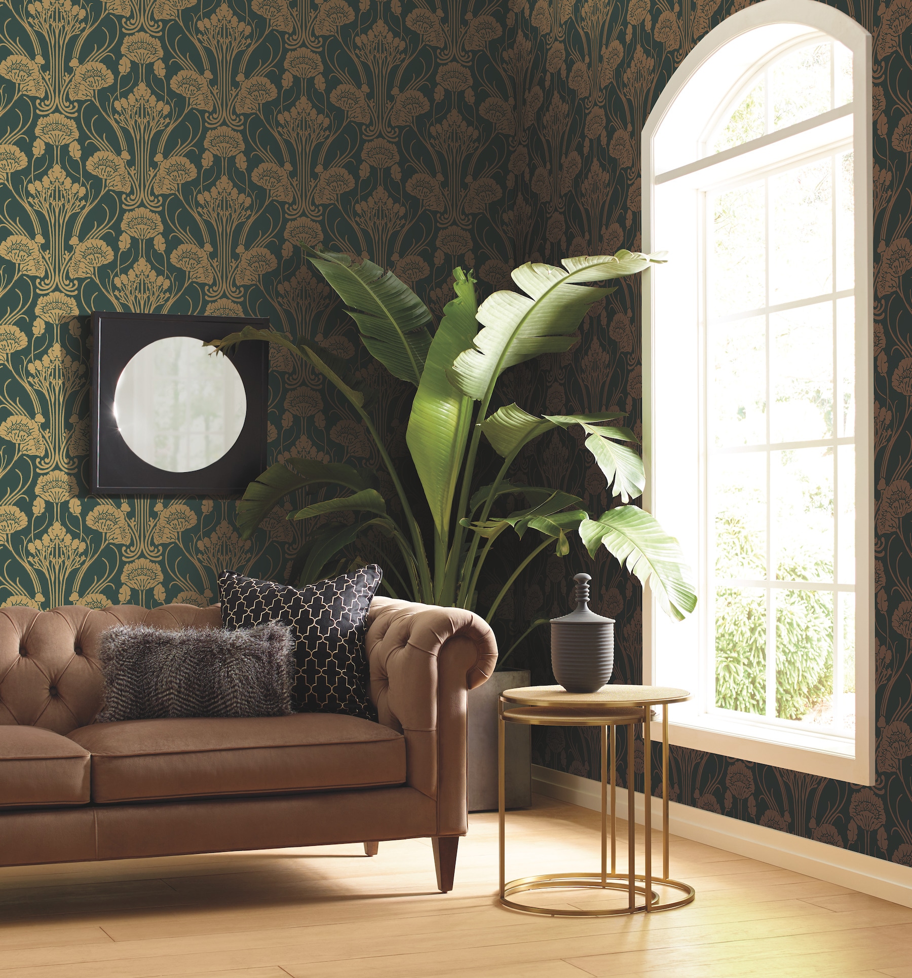 Dark Emerald and Gold Non-Woven Damask Wallpaper Roll