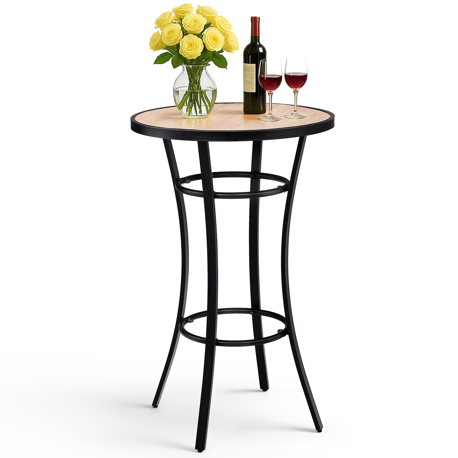 VINGLI 39-H Outdoor Bar Table with Wood-Like Top/All-Weather Round Patio High Top Table with Heavy-Duty Iron Base for Garden Balcony Pub Bistro Cocktail Standing