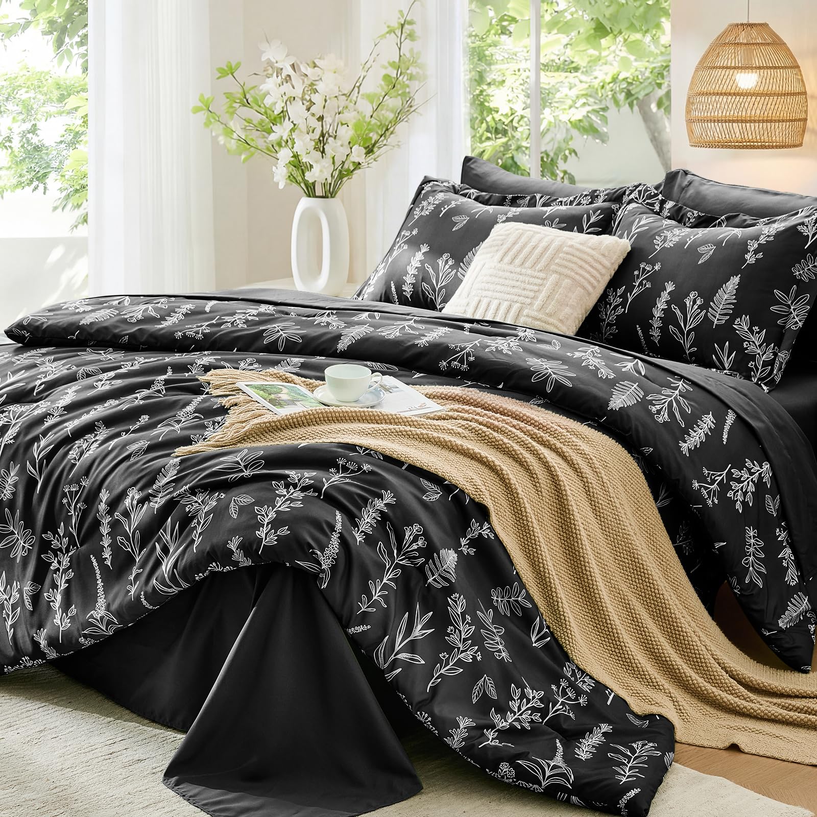 OMOMMD Black Leaves Full 82x86 in 7 Piece Sage Green Reversible Botanical Floral Ultra Soft Breathable Microfiber Bed In A Bag Comforter Set #5749848217496