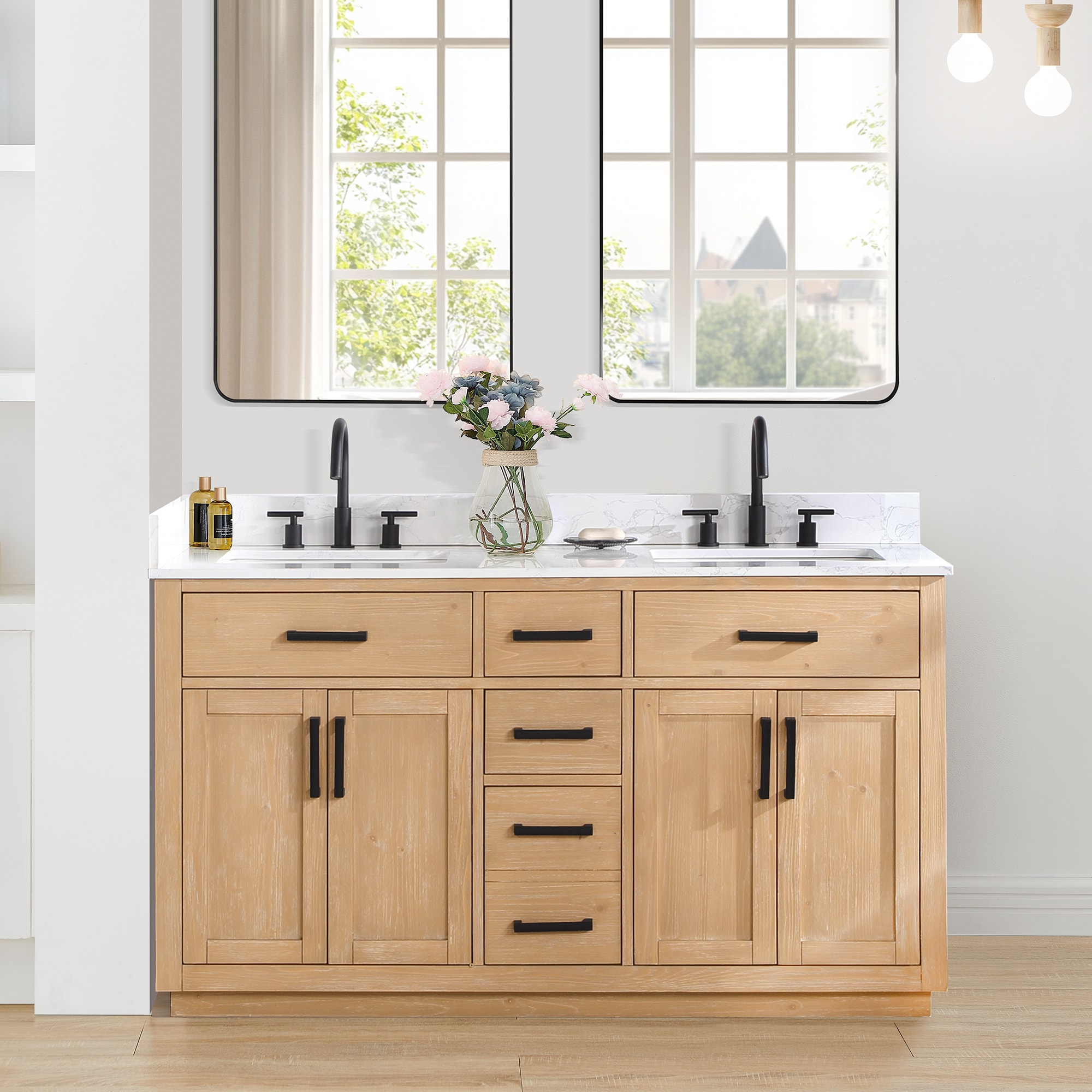 Altair Gavino 60-in Light Brown Finish Undermount Double Sink Bathroom Vanity with Grain White Engineered Stone Top