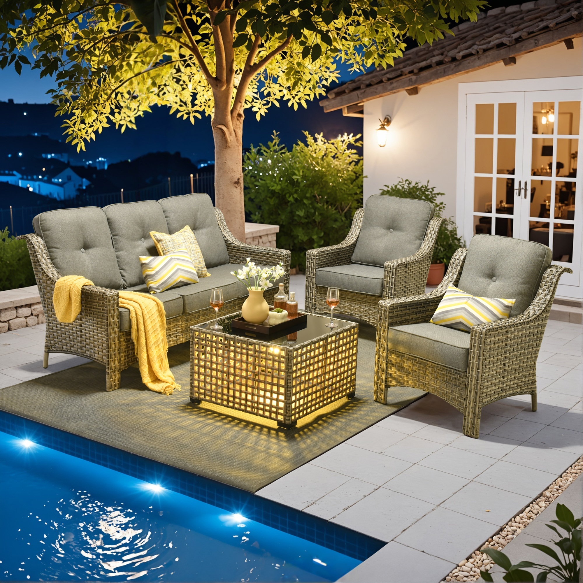 Ovios PD204 4 -Piece Rattan Patio Sofa Conversation Set with Dark Gray Cushions
