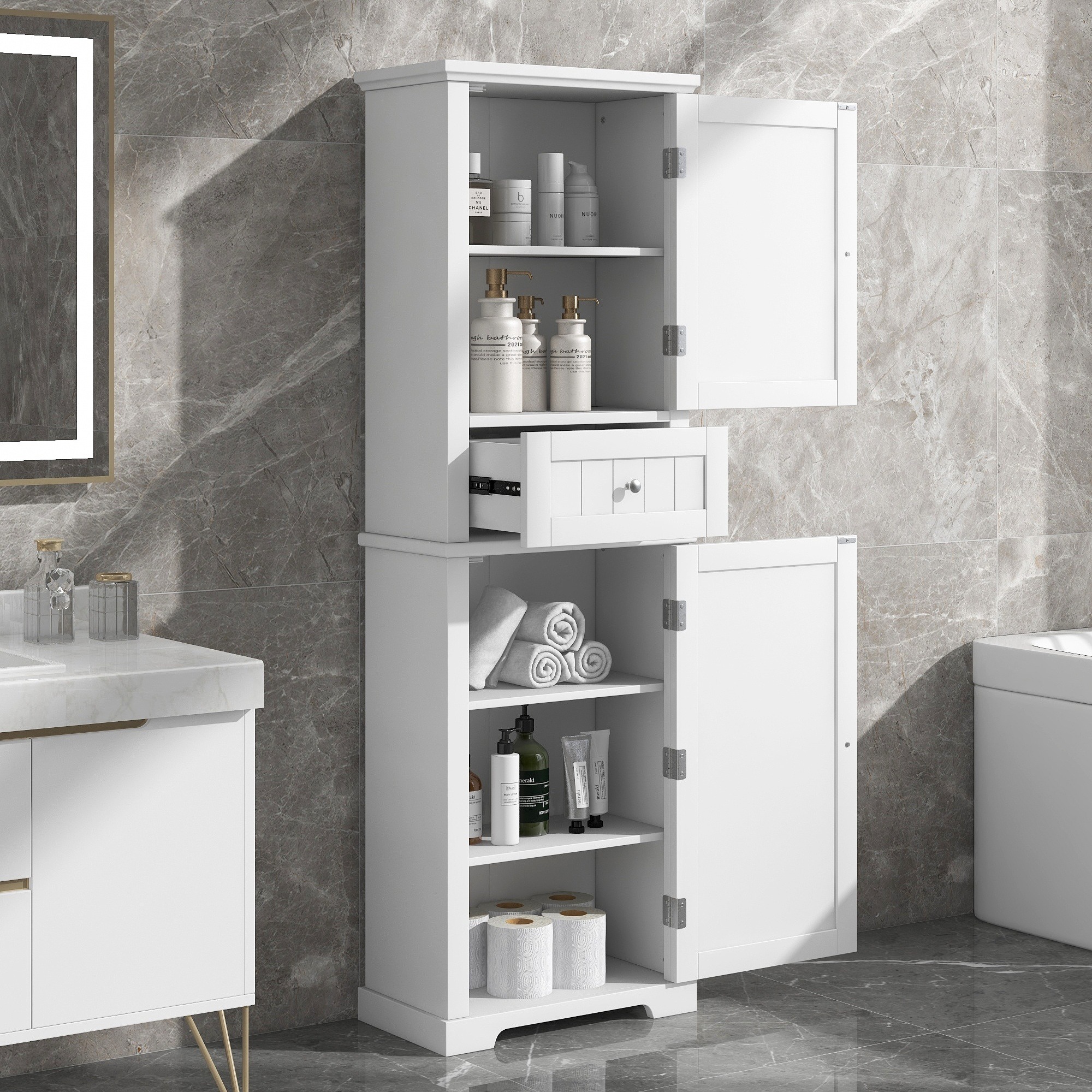 IAK 68 inch x 22 inch x 11 inch White MDF Tall Bathroom Storage Cabinet with Adjustable Shelf and Anti-Toppling Device