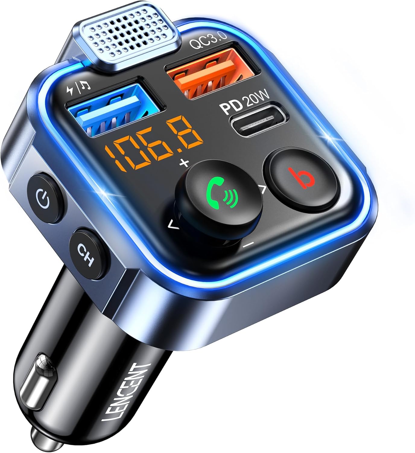 LENCENT FM Transmitter in Car Adapter Type C PD Fast USB Charger Wireless Bluetooth Radio Car Kit Hands Free Calling MP3 Player Receiver Hi Fi Bass Support U Disk #B08L3WX26S