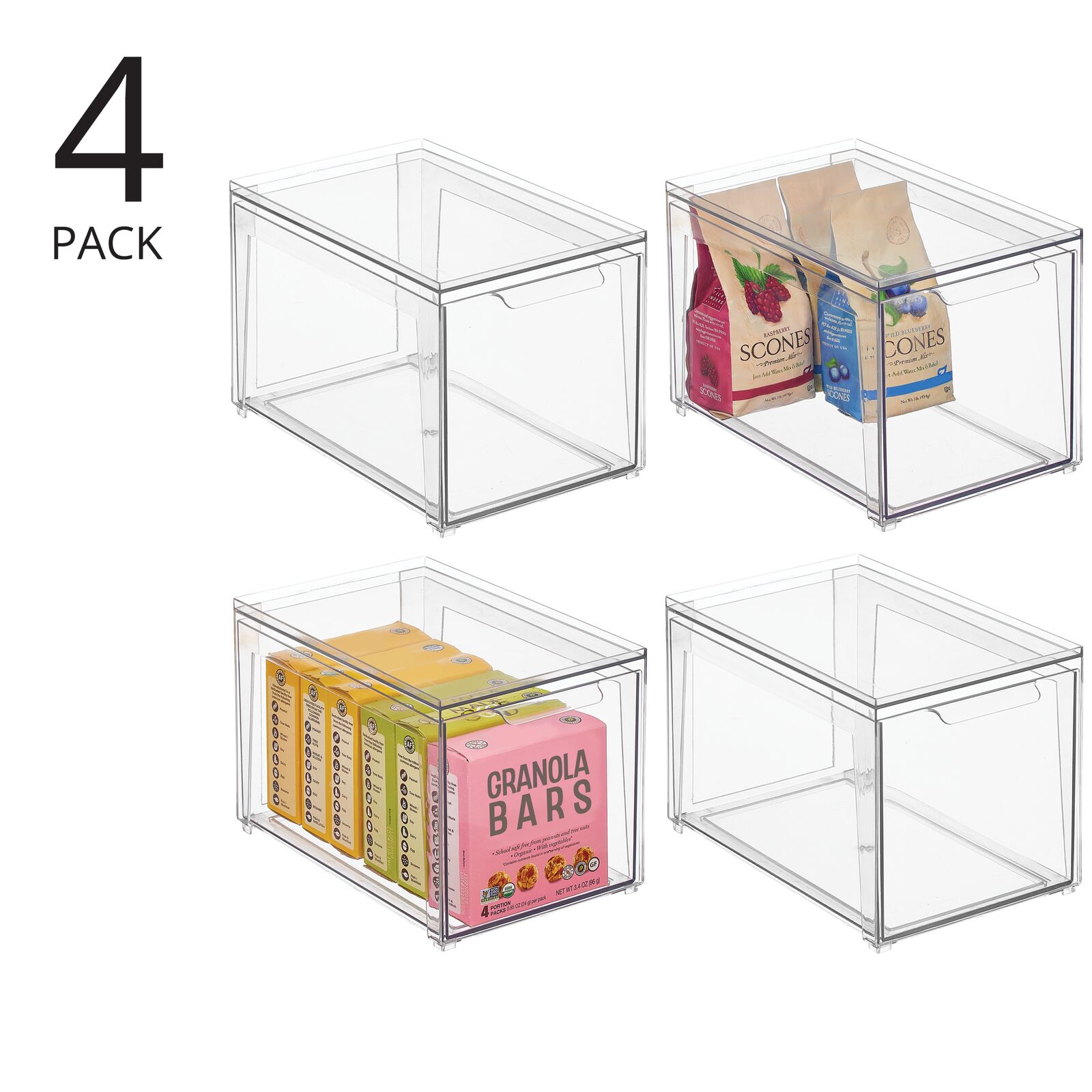 mDesign Plastic Stackable Kitchen Storage Organizer with Drawer - 4 Pack,  Clear 