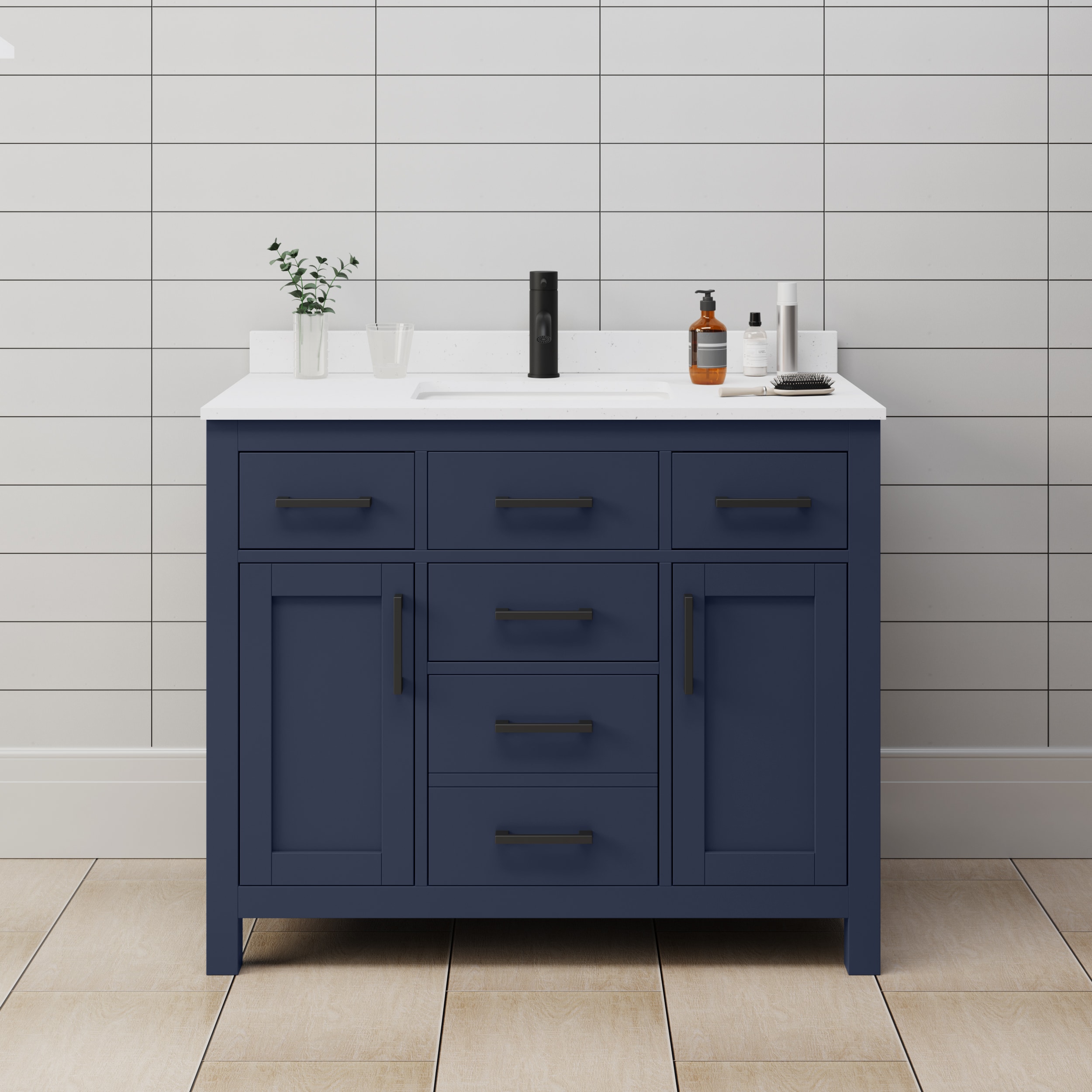 Beckett 42'' Dark Blue Freestanding Bathroom Vanity with White Marble Top