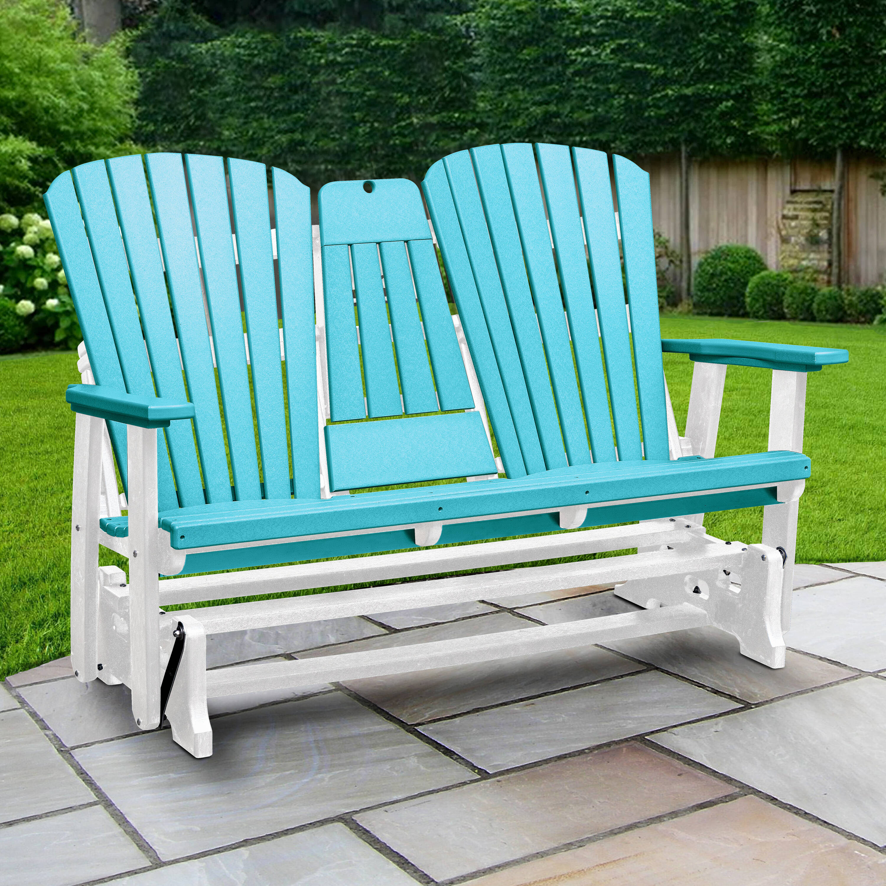 American Furniture Classics Adirondack 60-in W x 42-in H Aruba Blue on White HDPE Glider Bench