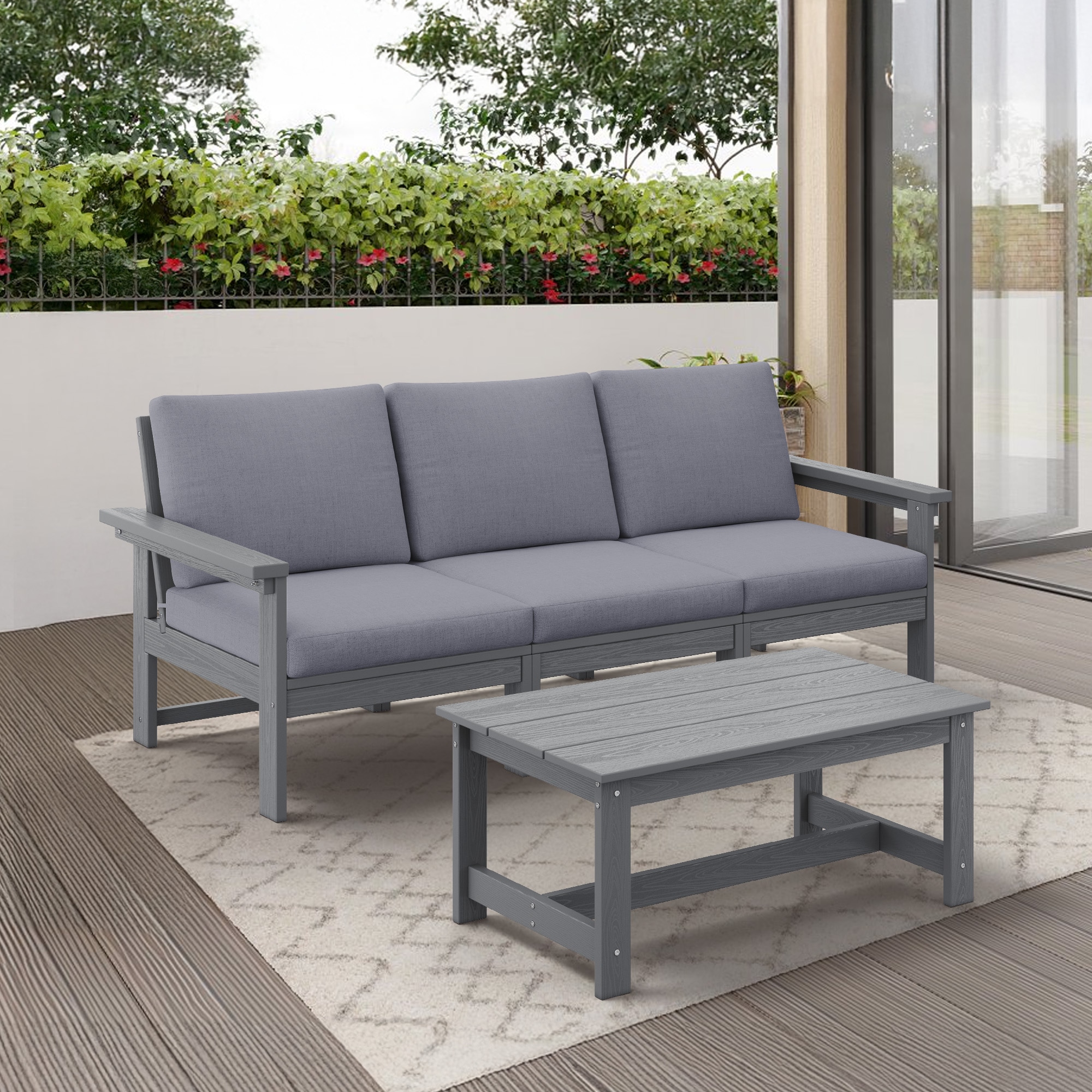JEAREY PEZHSF04-GY Outdoor 3-Seater Sofa with Coffee Table 2 -Piece Patio Sofa Conversation Set with Gray Cushions