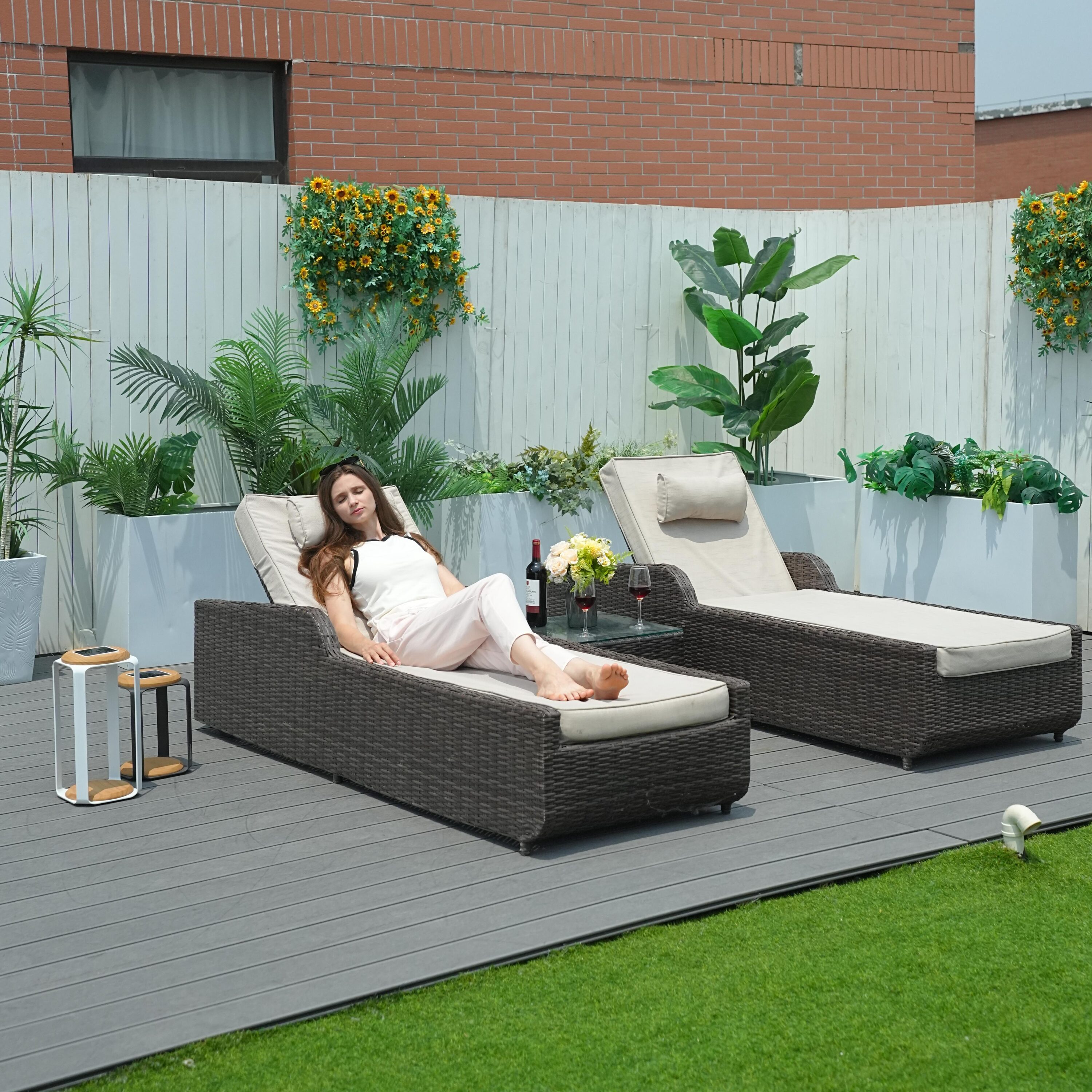 Direct Wicker DWL-1127B-BROWN Rosy Set of 2 Rattan beige Aluminum Frame Stationary Chaise Lounge Chair with Brown Cushioned Seat