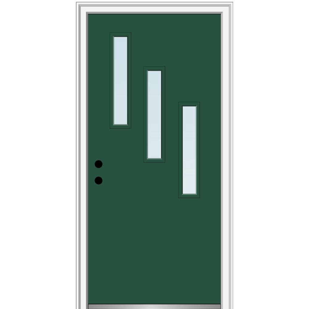 MMI DOOR ZZ349508R Spotlights 30-in x 80-in x 6-9/16-in Fiberglass Pulse lite Right-hand inswing Hunter Green Painted Prehung Front Door with Brickmould Insulating core