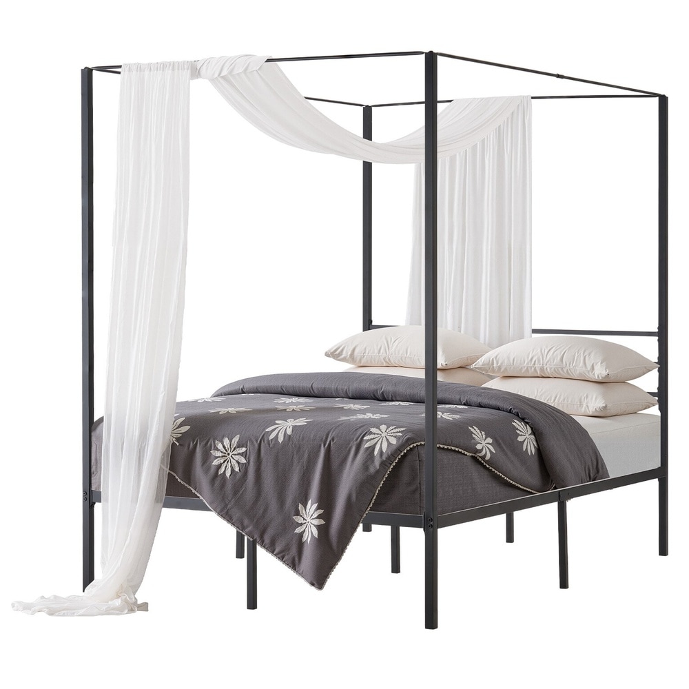 GIVIMO - Full Size Black Metal Canopy Bed Frame Four Poster Design Heavy Duty Steel Slat Support ...