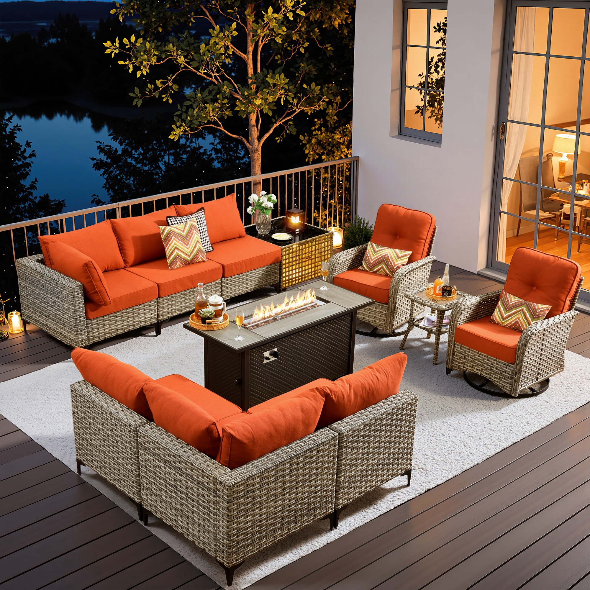 Pouuin SRFPYZSKT80C Wicker Outdoor Sectional with Red Cushions and Steel Frame