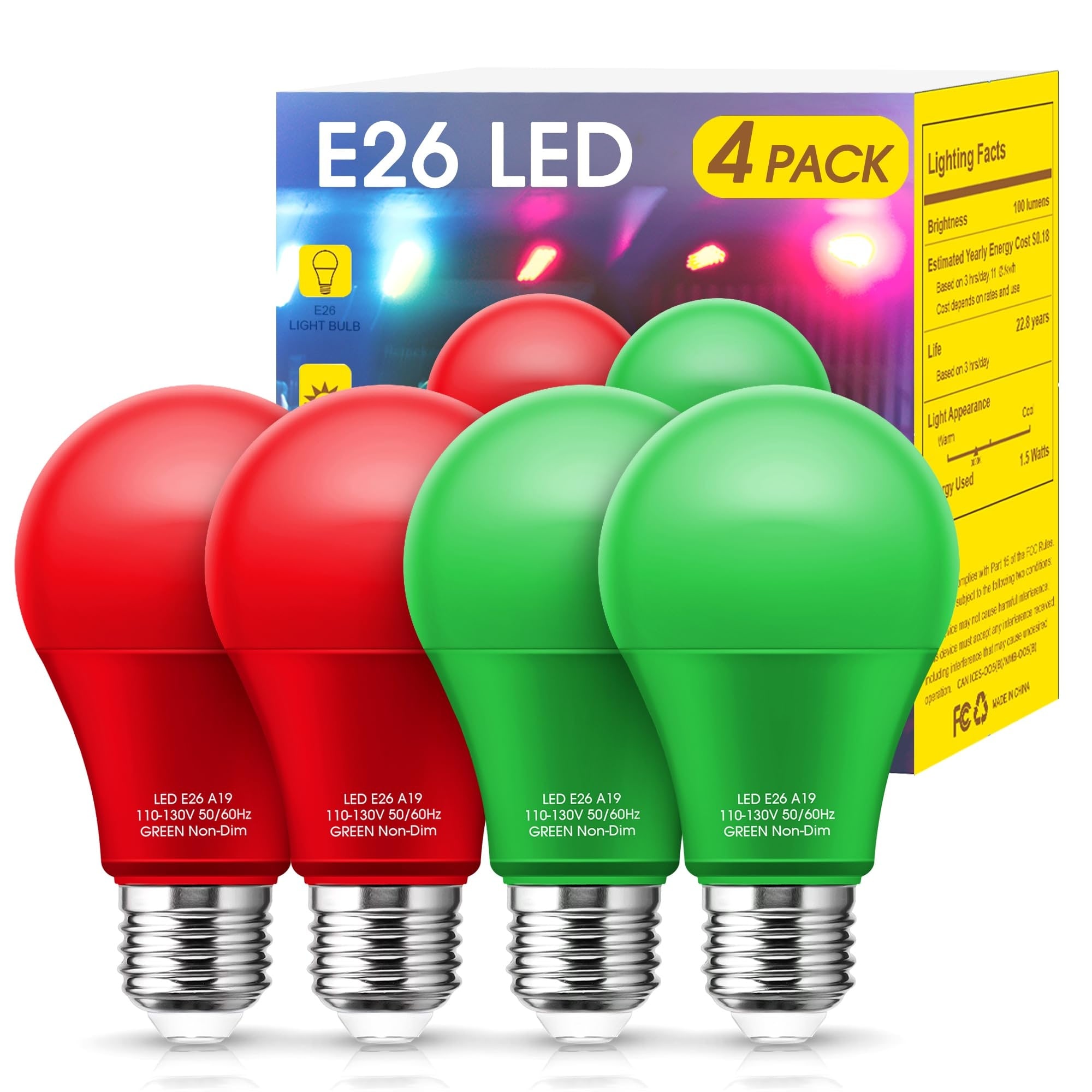 Vrbgify  A19 LED Red and Green Light Bulbs 4 pack 9W 60W Equivalent E26 Base Colored Bulbs for Christmas Party Porch Home Decor Long Lifespan