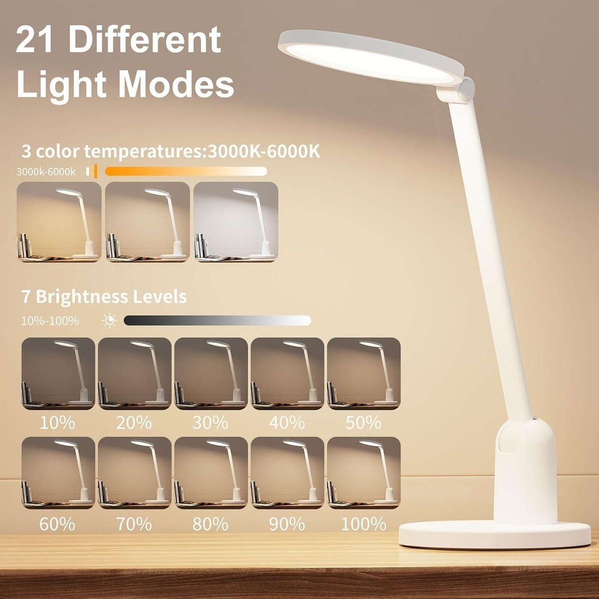 HEKCUIX White LED Desk Lamp with Stable Base 1000LM Dimmable Table ...