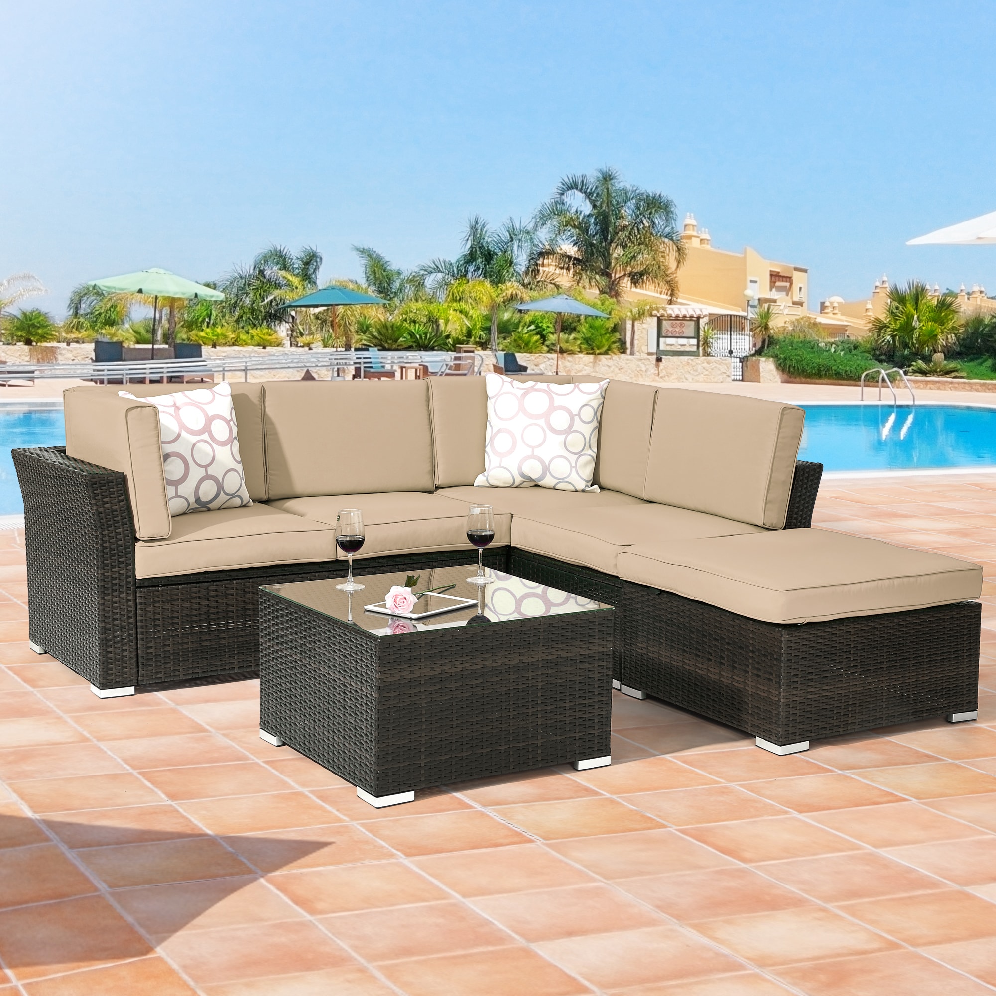 ACEGOSES LW-HSF200M 4 -Piece Wicker Patio Sofa Conversation Set with Tan Cushions