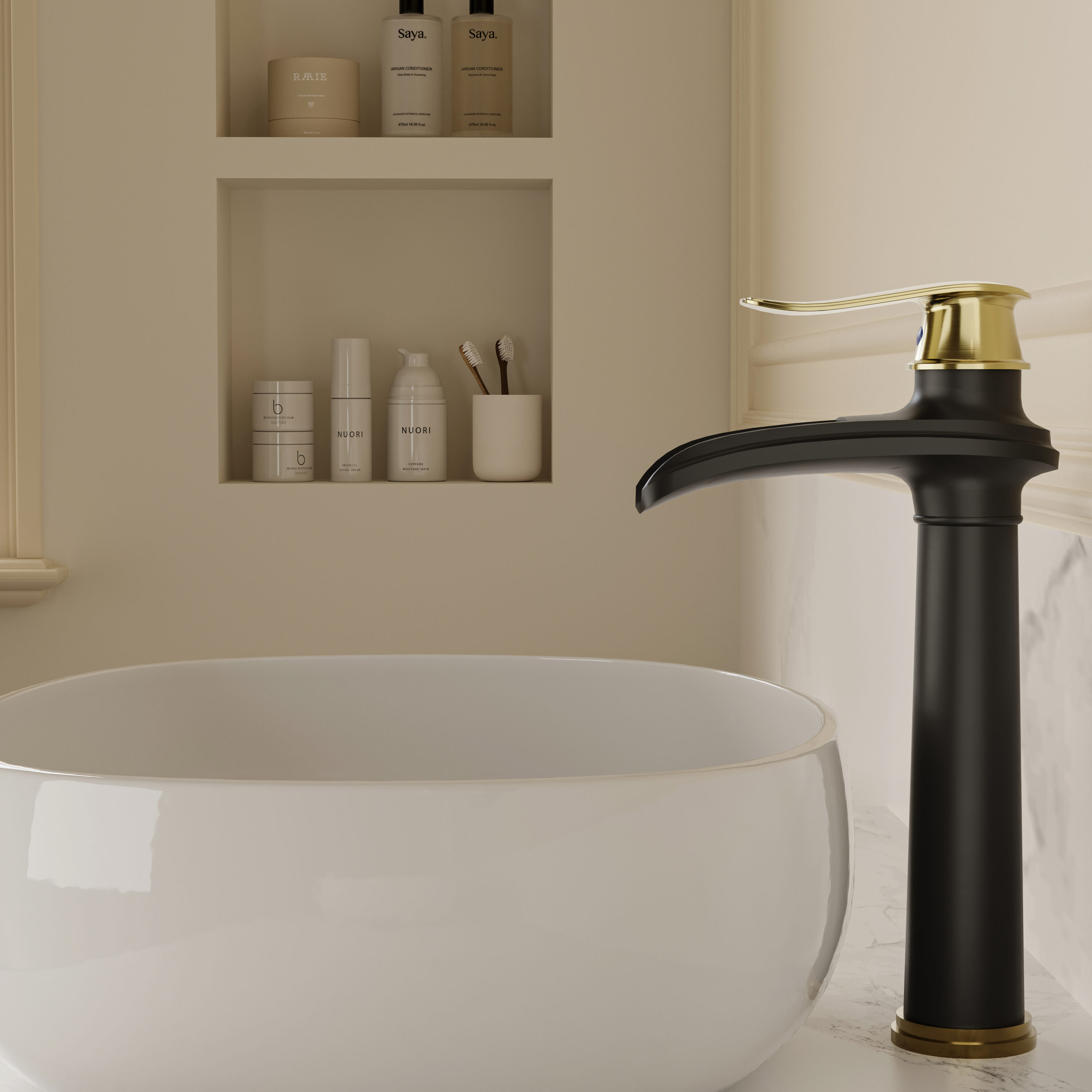 BWE Aalto Black and Gold Vessel 1-handle WaterSense Waterfall Commercial/Residential Handle Bathroom Sink Faucet with Drain