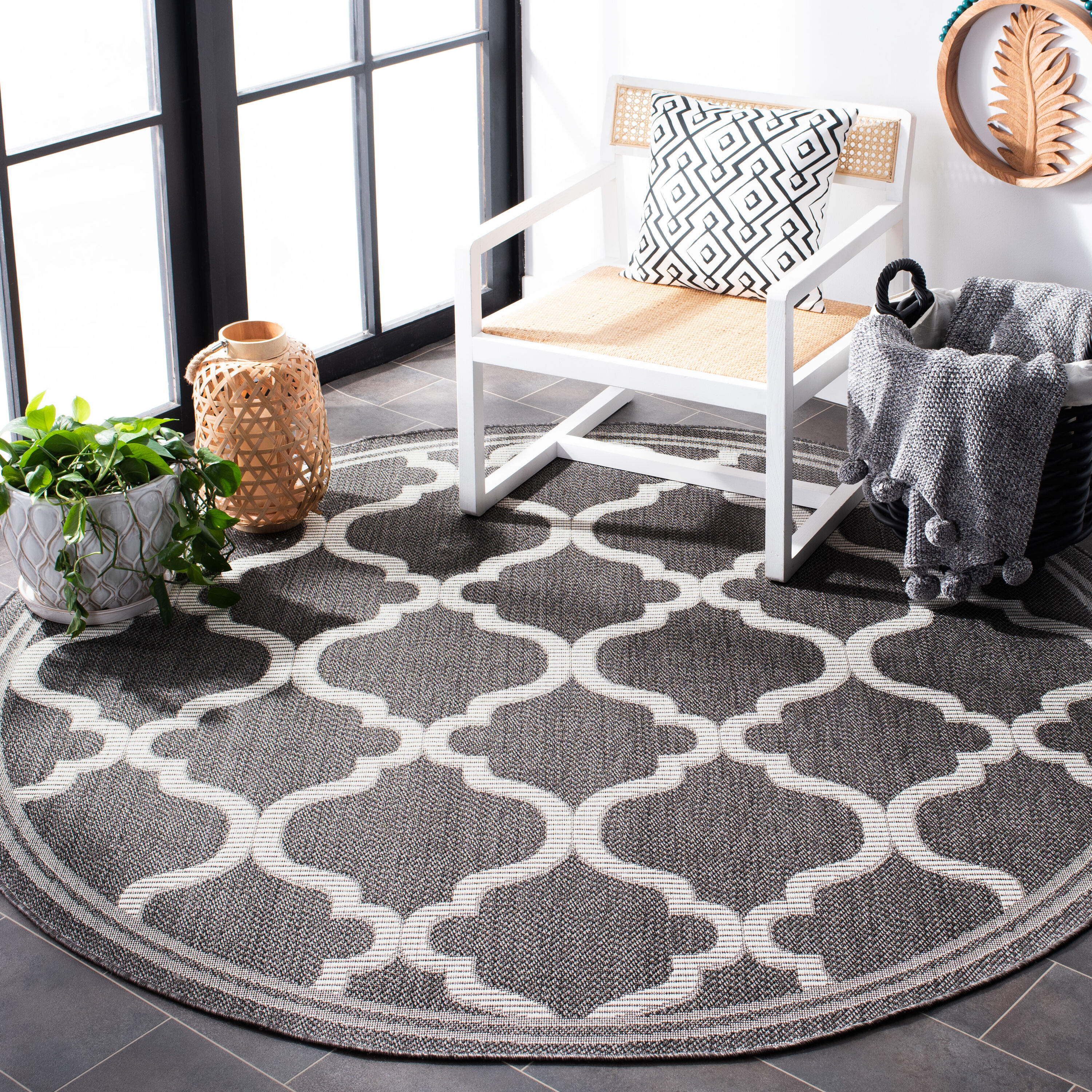 Safavieh BMU810Z-7R Bermuda 7 x 7 (ft) Synthetic Charcoal/Ivory Round Indoor/Outdoor Geometric Machine washable Area rug