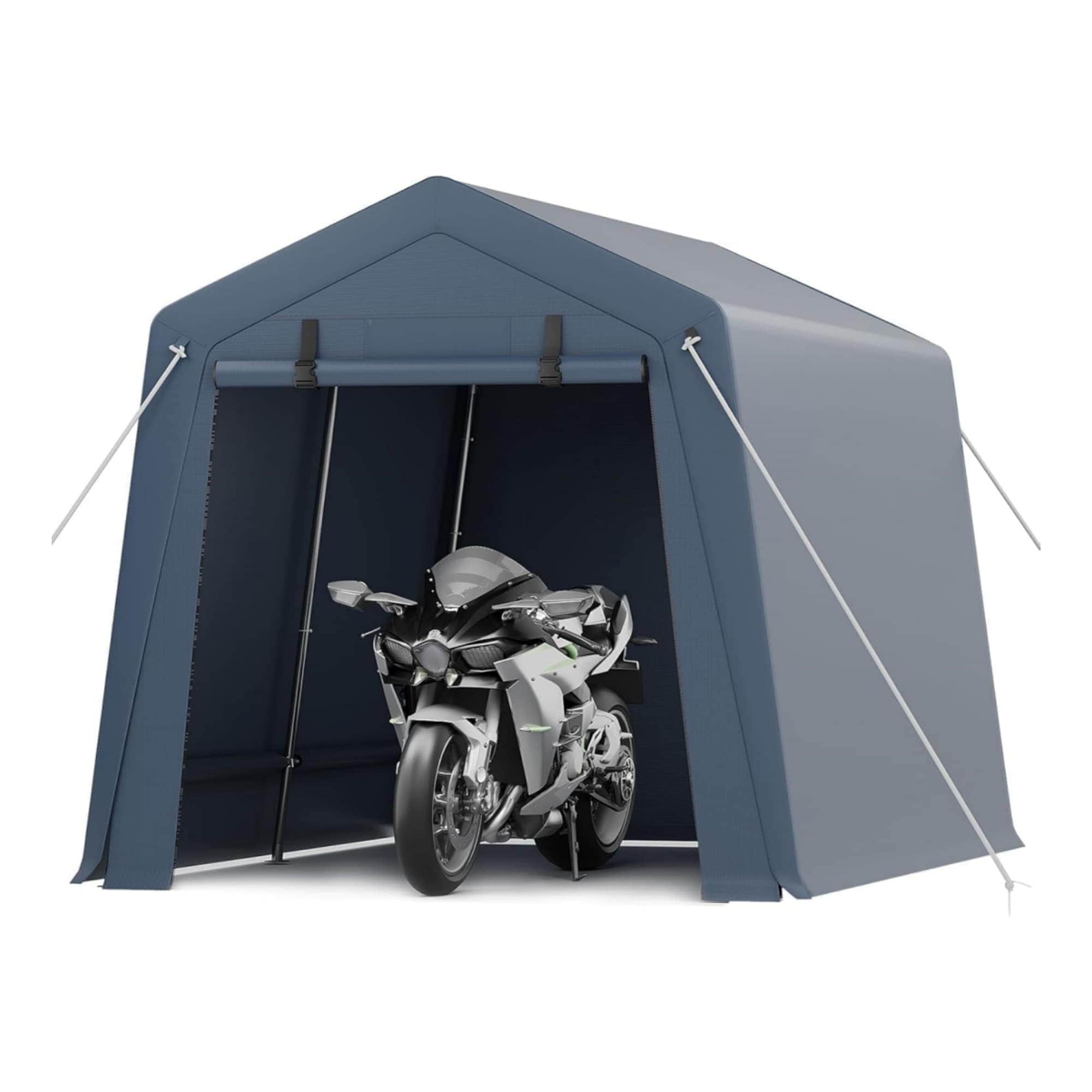 Qeetex LSHQQPPG-338ERUDD 7x12 FT Outdoor Storage Shed Portable Carport with Roll-up Ventilated Zipper Door and Windows Gray