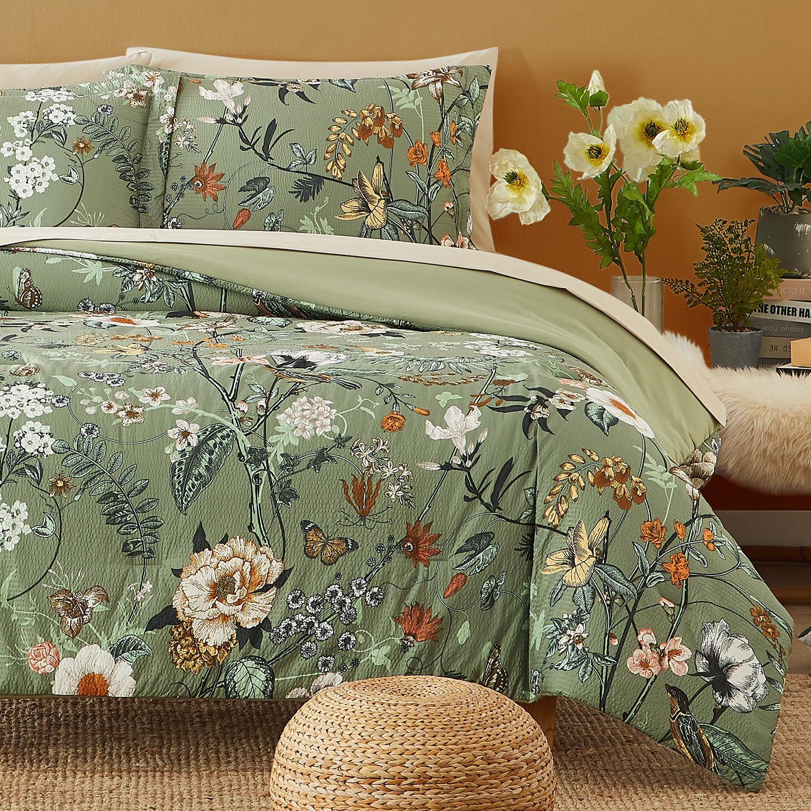 OMOMMD Avocado Green Butterfly floral Full Comforter Set 7 Pieces Bed In A Bag Seersucker Floral Farmhouse All Season Soft Bedding Set #5749848217731