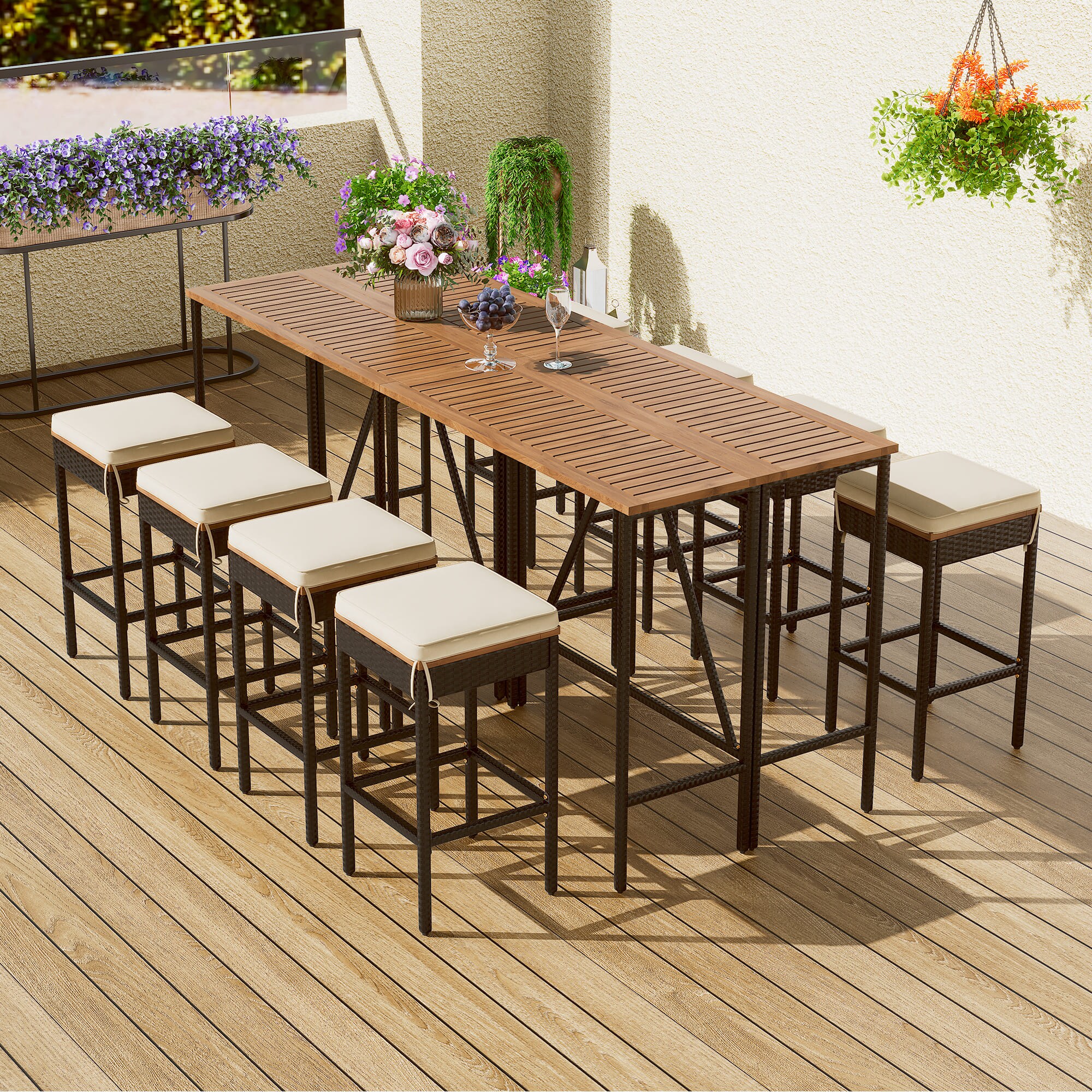 Oizaye ZWG-FG73AAA 10 -Piece Black Rattan Balcony Height Patio Dining Set Wood Rectangle Table with 8 Off-white Cushions Stationary Chairs