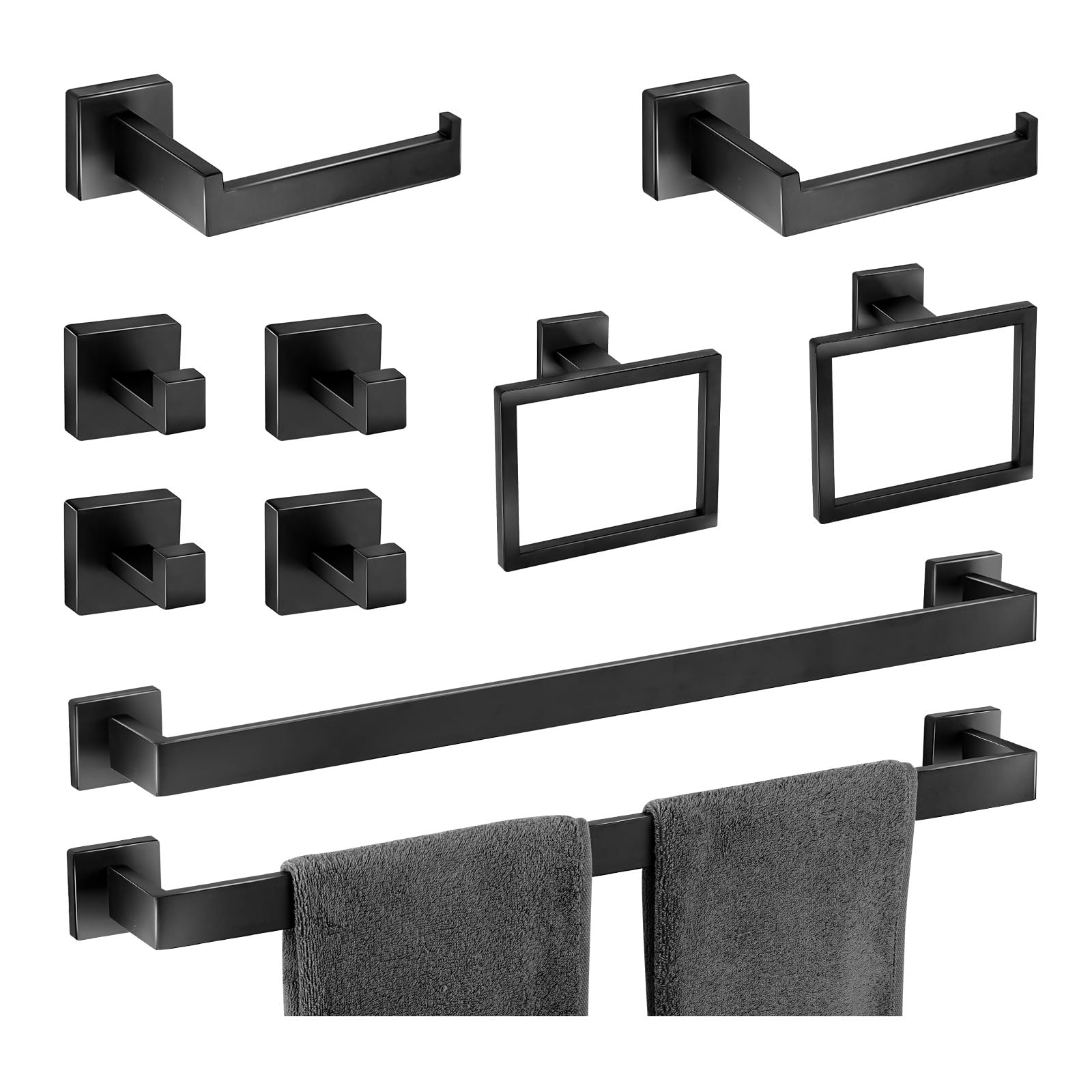 TNSO - Matte Black 10 Pcs 24 Inch Stainless Steel Bathroom Hardware Accessories Set Wall Mounted ...