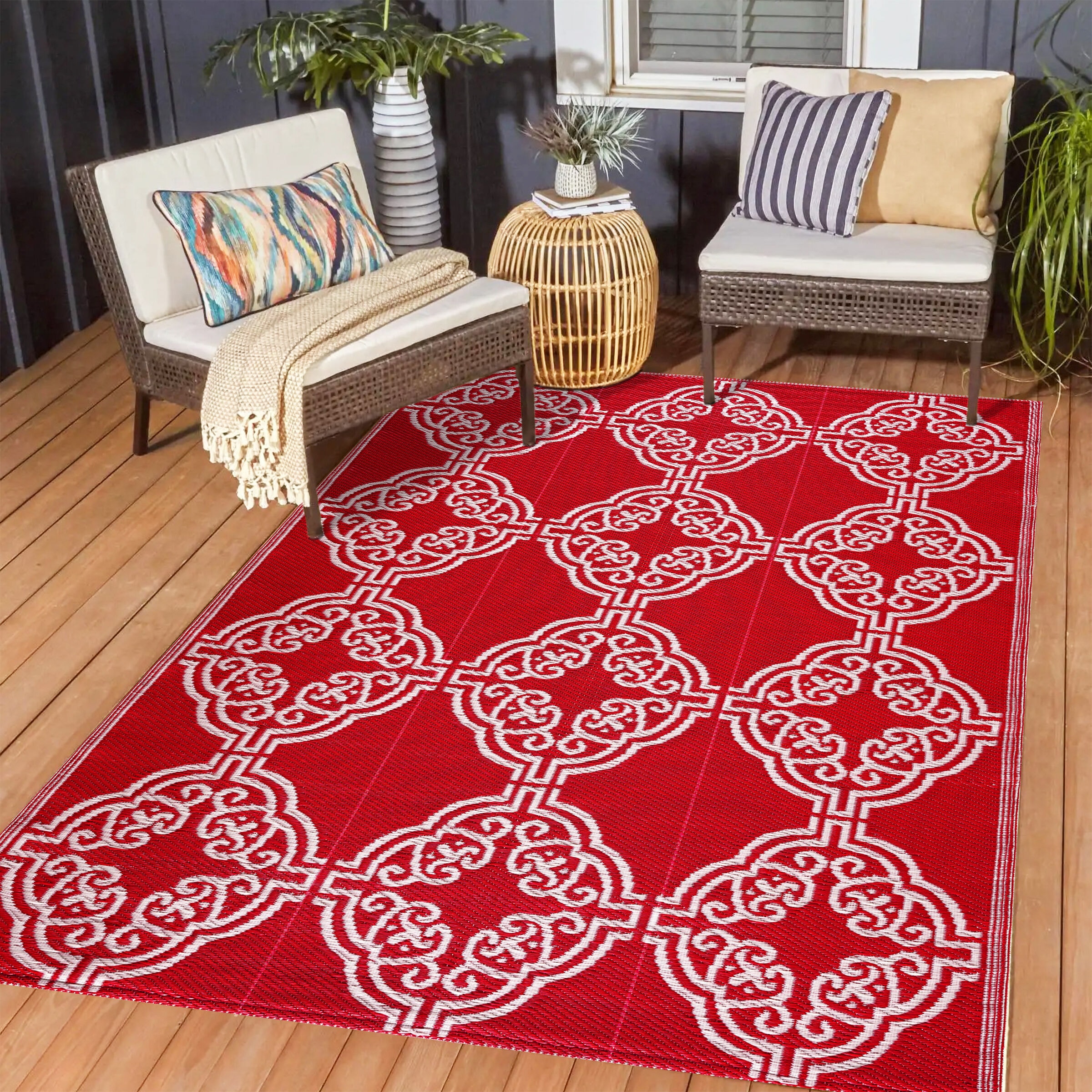 Playa Rug PLY-F-MRC-RW-8X10 8 x 10 (ft) Knotted Polypropylene Marrakesh-RedWhite Rectangular Indoor/Outdoor Geometric Area rug