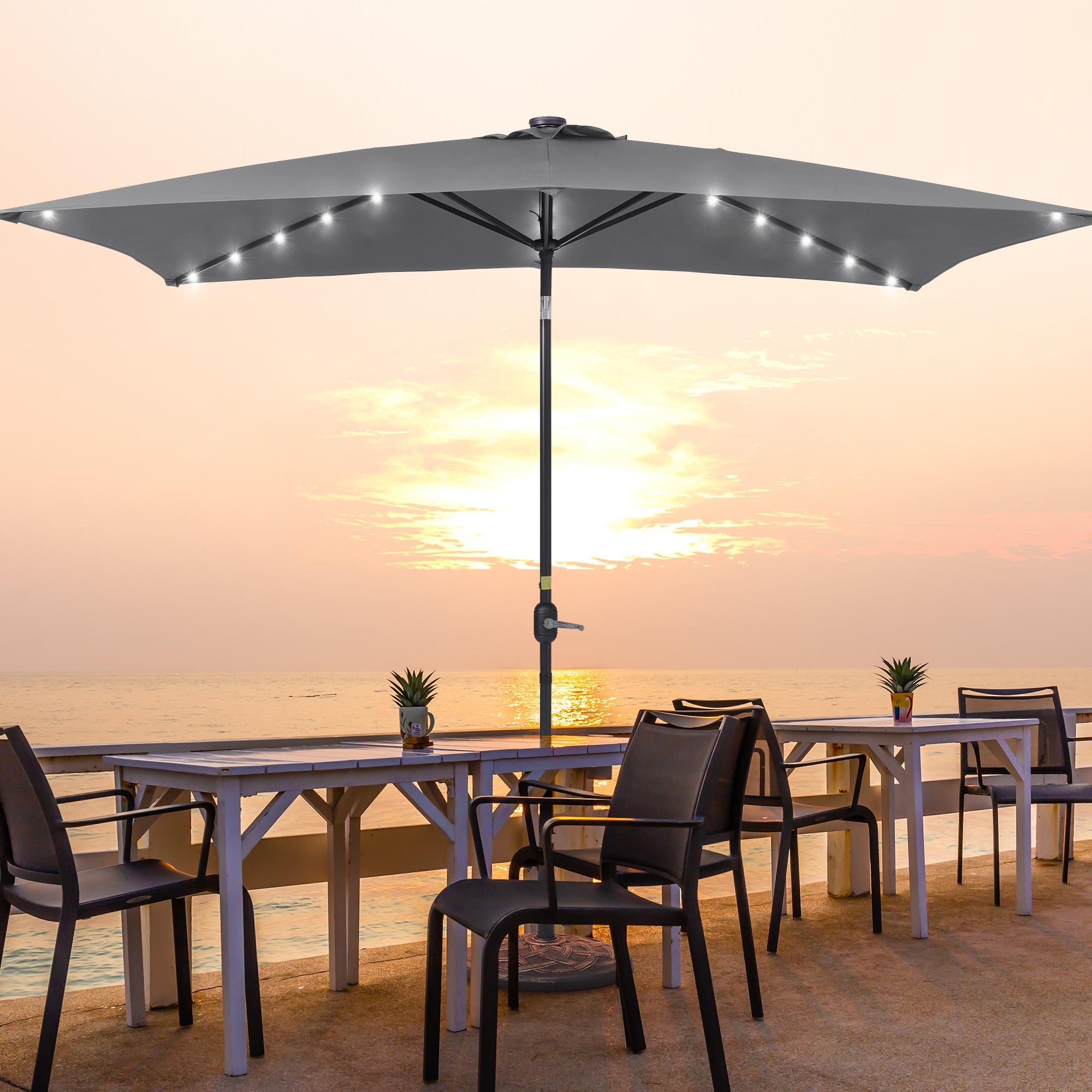 ACEGOSES LW-320A-LED 10-ft Steel Gray Push-button Tilt Market Patio Umbrella with Lights and